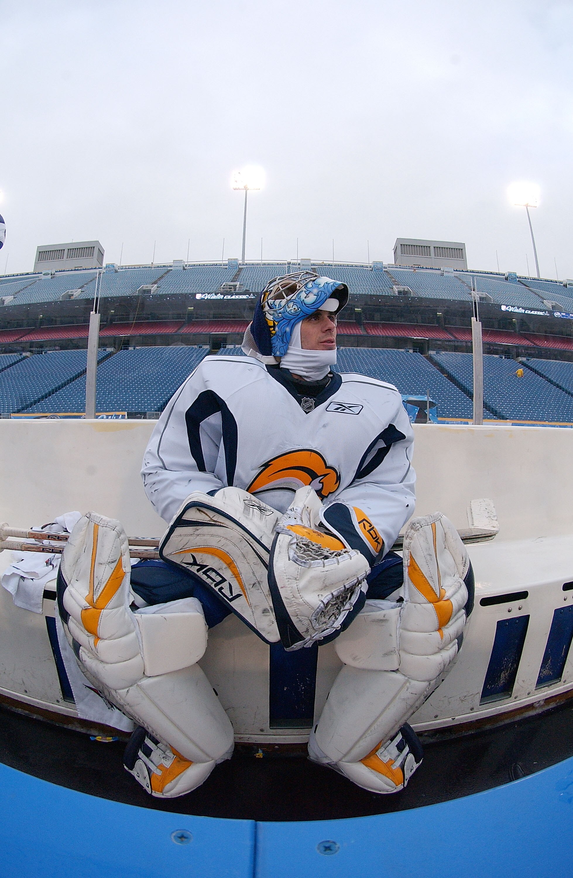 ORCHARD PARK, NY - DECEMBER 31:  Ryan Miller #30 of the Buffalo Sabres rests for a moment during practice for the NHL Winter Classic at Ralph Wilson Stadium December 31, 2007 in Orchard Park, New York.  (Photo By Dave Sandford/Getty Images)
