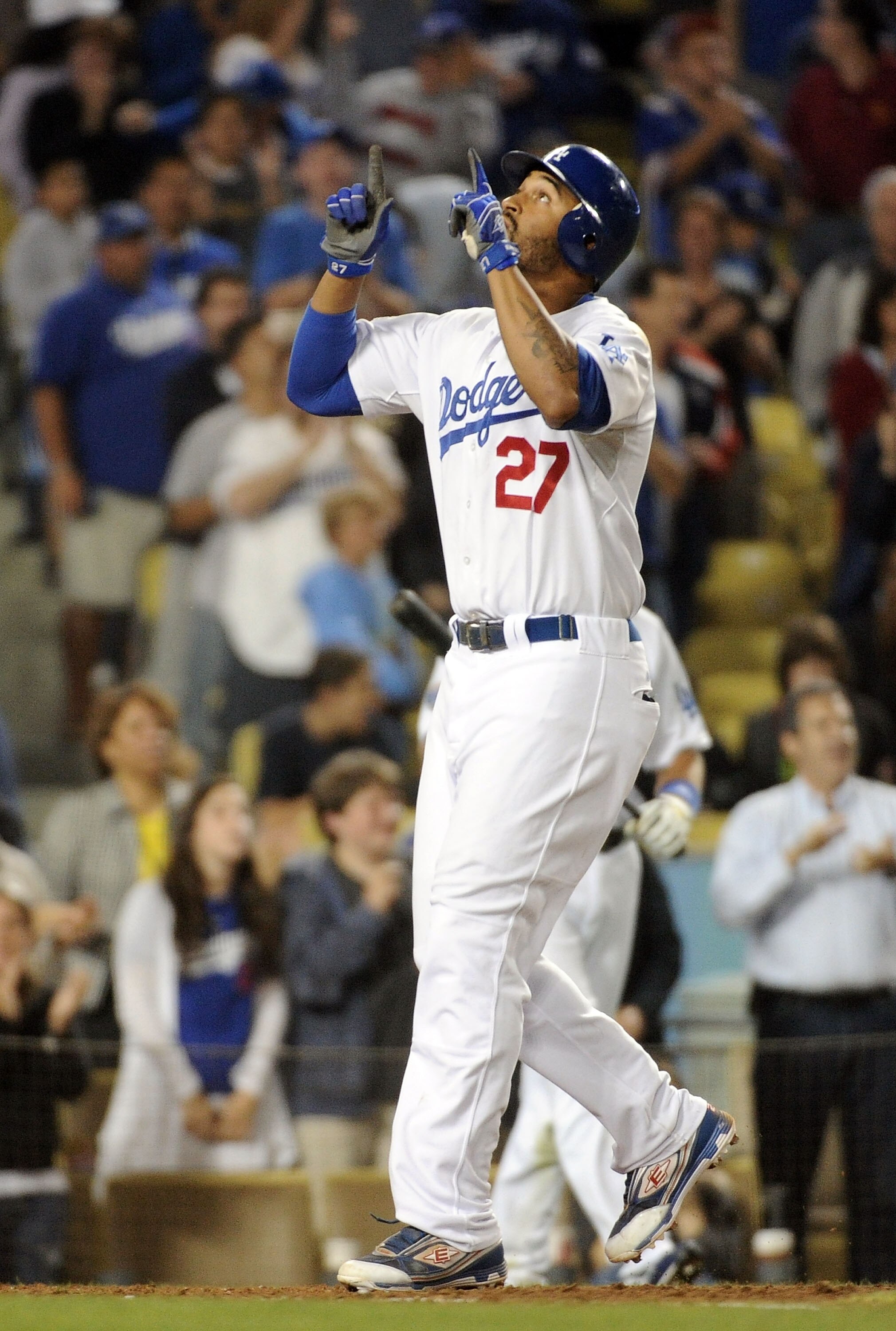 LOS ANGELES, CA - JULY 22: Matt Kemp #27 of the Los Angeles Dodgers celebrates his homerun for a 2-0 lead over the New York Mets during the seventh inning at Dodger Stadium on July 22, 2010 in Los Angeles, California. (Photo by Harry How/Getty Images) LOS ANGELES, CA - JULY 22: Matt Kemp #27 of the Los Angeles Dodgers celebrates his homerun for a 2-0 lead over the New York Mets during the seventh inning at Dodger Stadium on July 22, 2010 in Los Angeles, California. (Photo by Harry How/Getty Images)