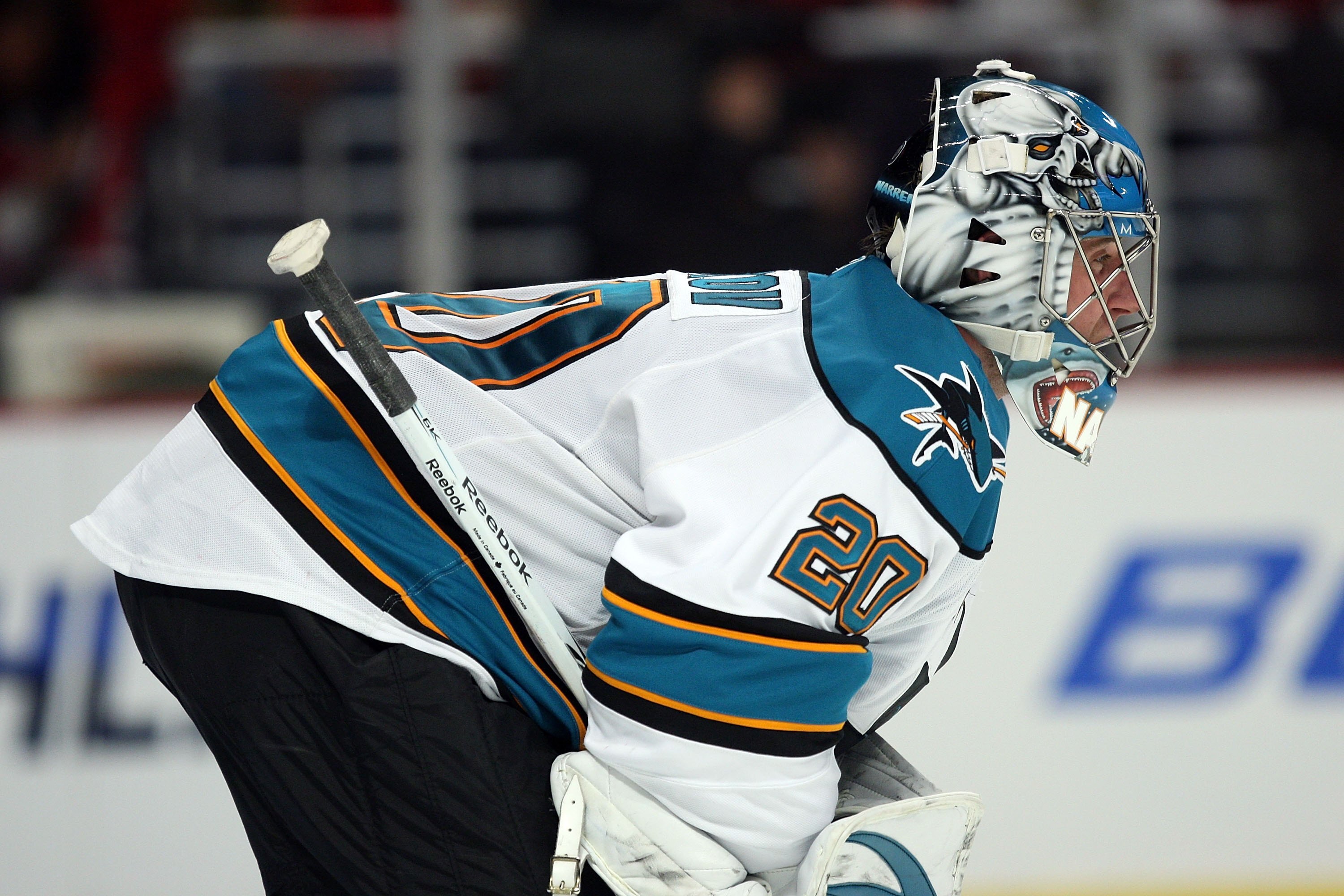 CHICAGO - DECEMBER 22: Evgeni Nabokov #20 of the San Jose Sharks watches the action against the Chicago Blackhawks at the United Center on December 22, 2009 in Chicago, Illinois. The Sharks defeated the Blackhawks 3-2. (Photo by Jonathan Daniel/Getty Imag