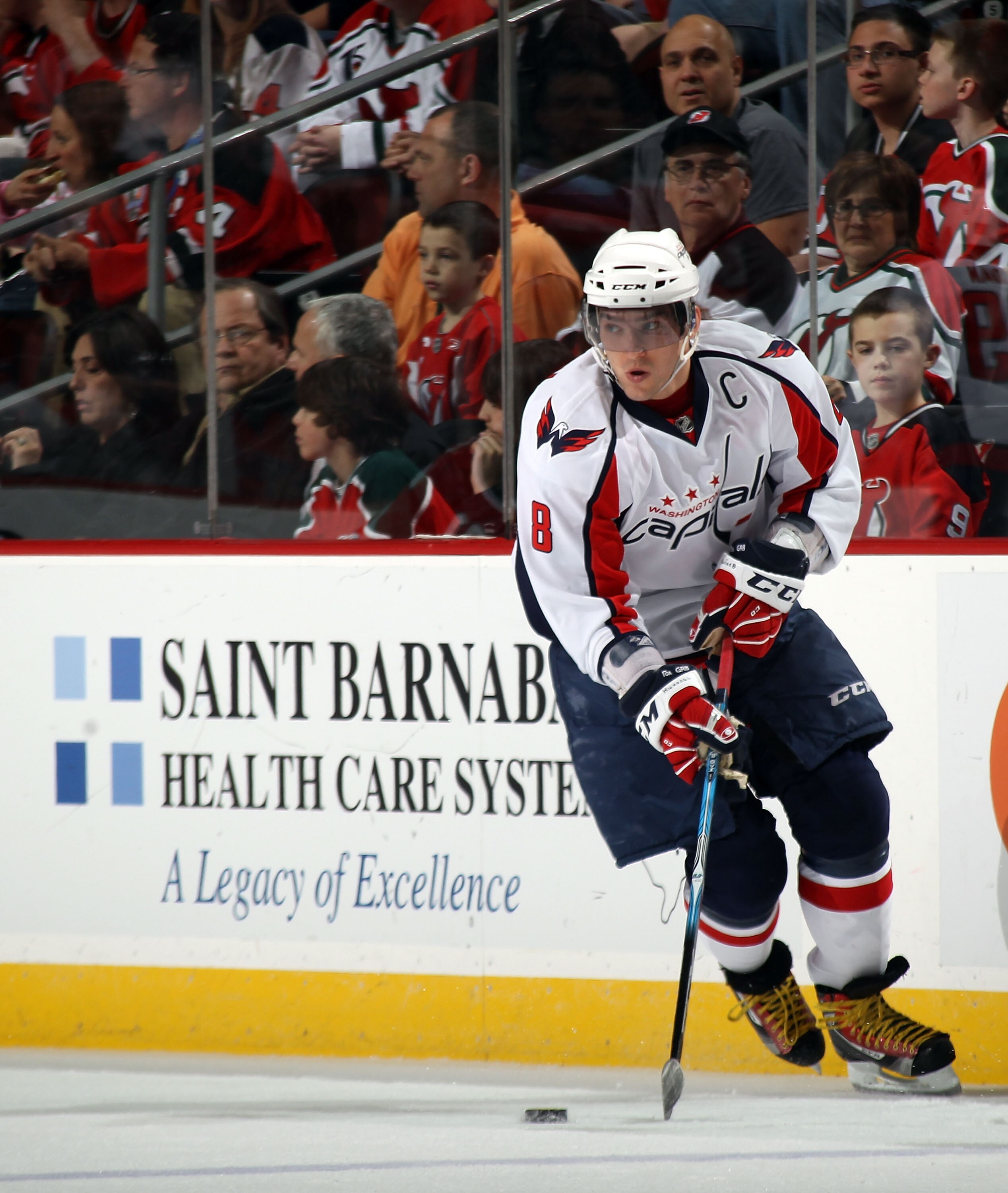 NEWARK, NJ - MARCH 18:  Alex Ovechkin #8 of the Washington Capitals skates against the New Jersey Devils at the Prudential Center on March 18, 2011 in Newark, New Jersey. The Capitals shut out the Devils 3-0.  (Photo by Bruce Bennett/Getty Images)