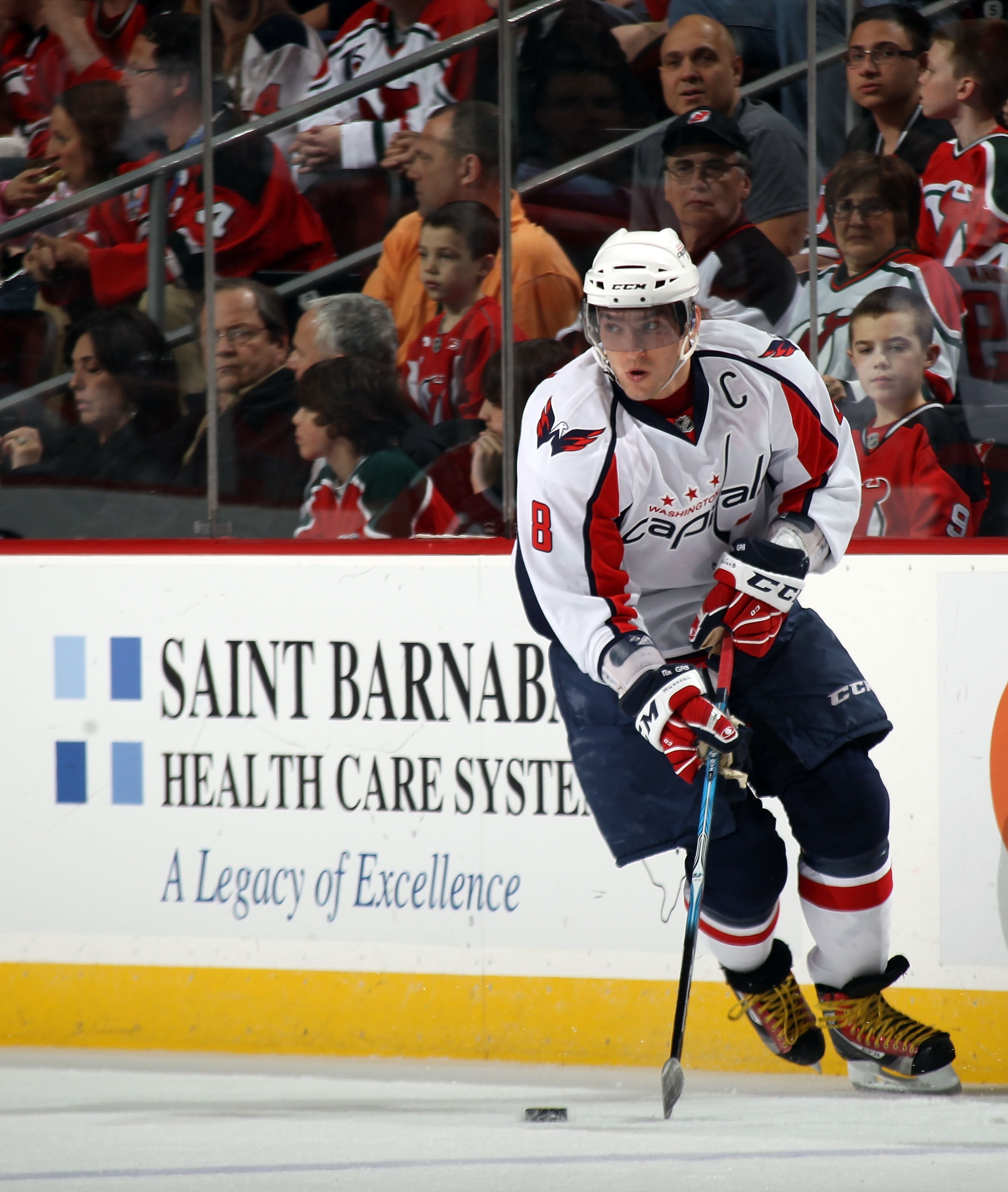 NEWARK, NJ - MARCH 18:  Alex Ovechkin #8 of the Washington Capitals skates against the New Jersey Devils at the Prudential Center on March 18, 2011 in Newark, New Jersey. The Capitals shut out the Devils 3-0.  (Photo by Bruce Bennett/Getty Images)