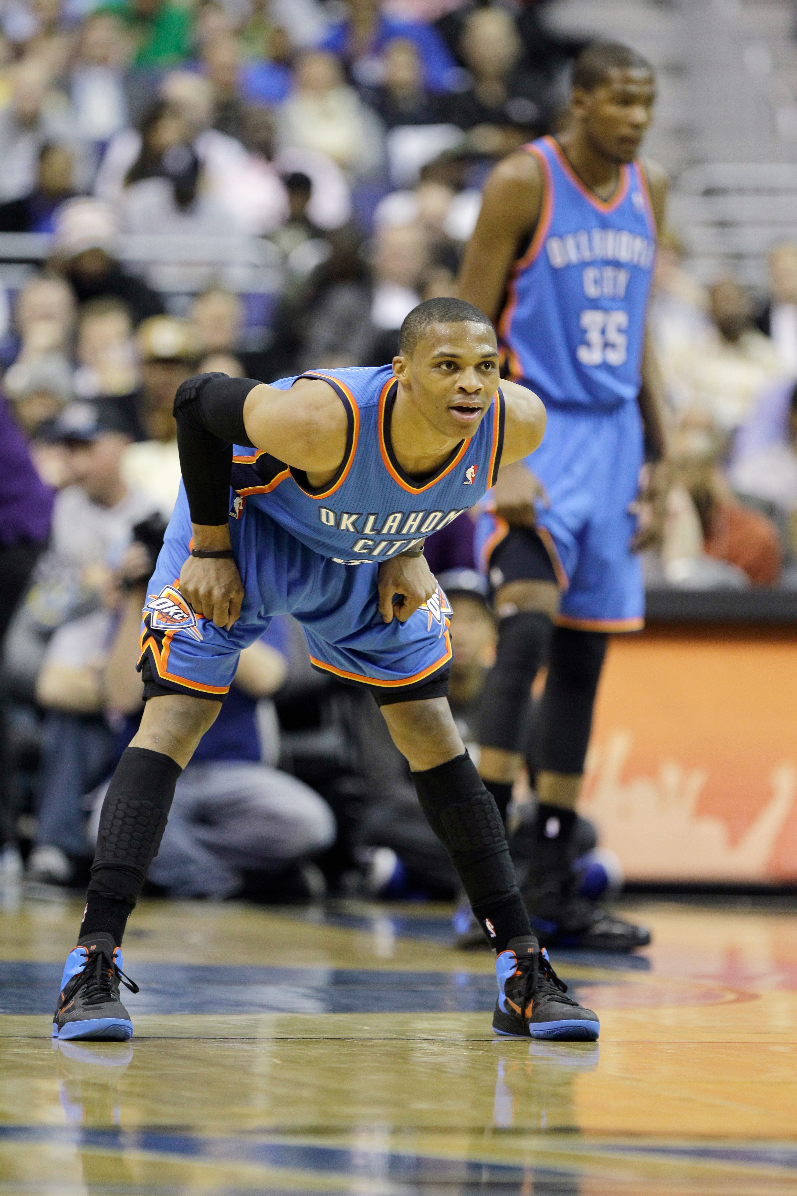 WASHINGTON, DC - MARCH 14: Russell Westbrook #0 of the Oklahoma City Thunder during the first half against the Washington Wizards at the Verizon Center on March 14, 2011 in Washington, DC. NOTE TO USER: User expressly acknowledges and agrees that, by down
