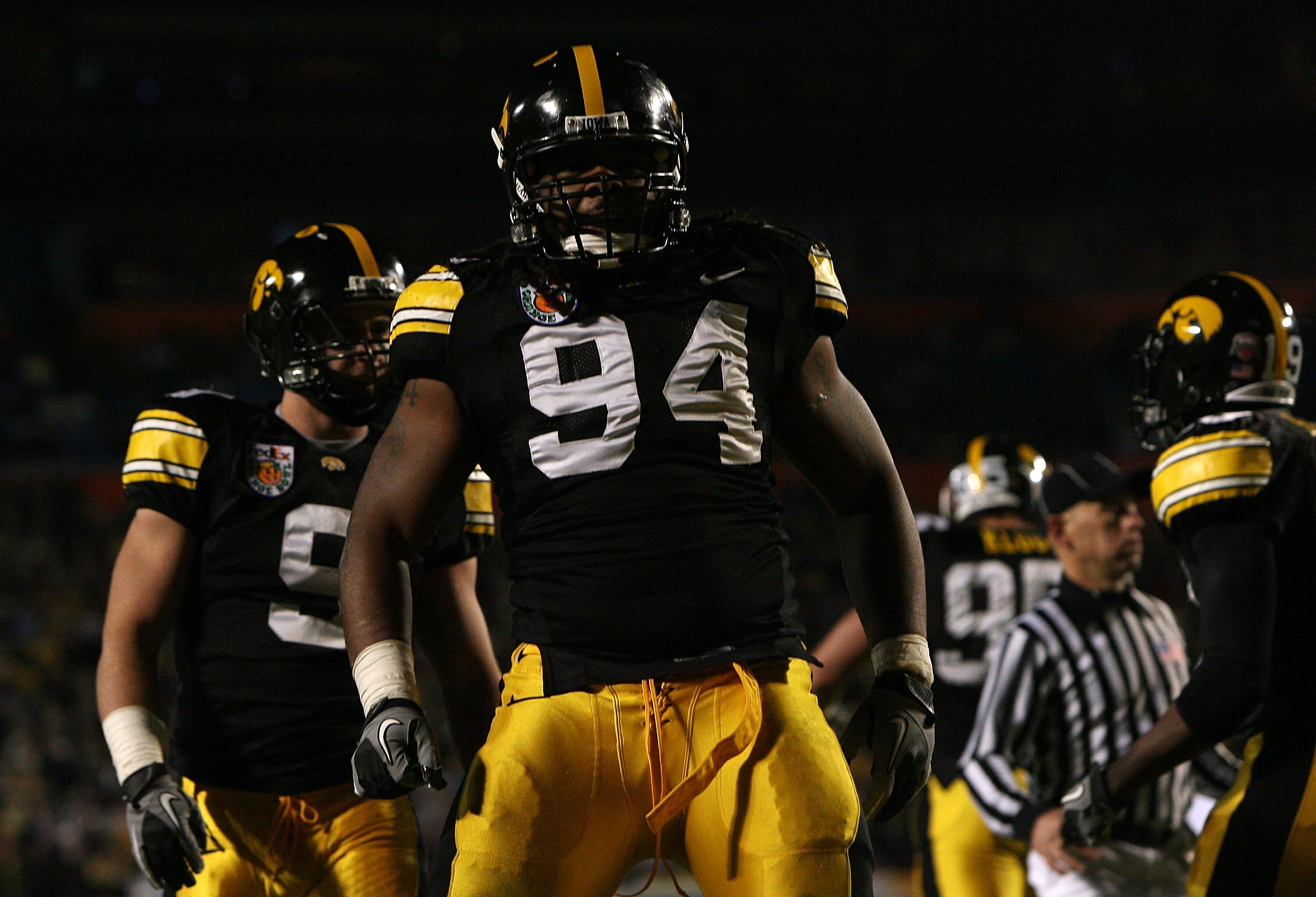 MIAMI GARDENS, FL - JANUARY 05:  Adrian Clayborn #94 of the Iowa Hawkeyes reacts against the Georgia Tech Yellow Jackets during the FedEx Orange Bowl at Land Shark Stadium on January 5, 2010 in Miami Gardens, Florida.  (Photo by Doug Benc/Getty Images)
