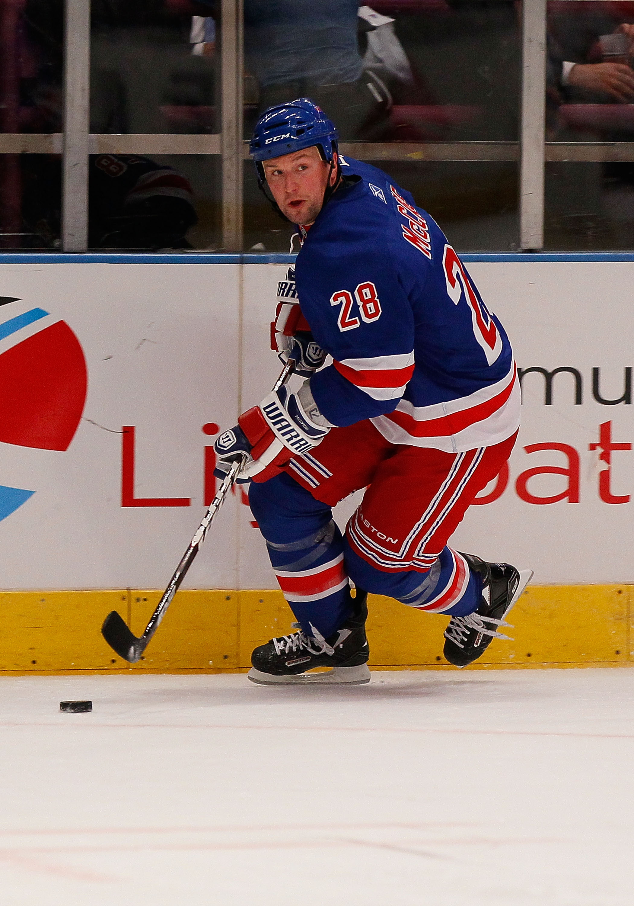 NEW YORK - MARCH 22:  Bryan McCabe #28 of the New York Rangers skates against the Florida Panthers on March 22, 2011 at Madison Square Garden in New York City, New York. Rangers defeated the Islanders 1-0.  (Photo by Mike Stobe/Getty Images)
