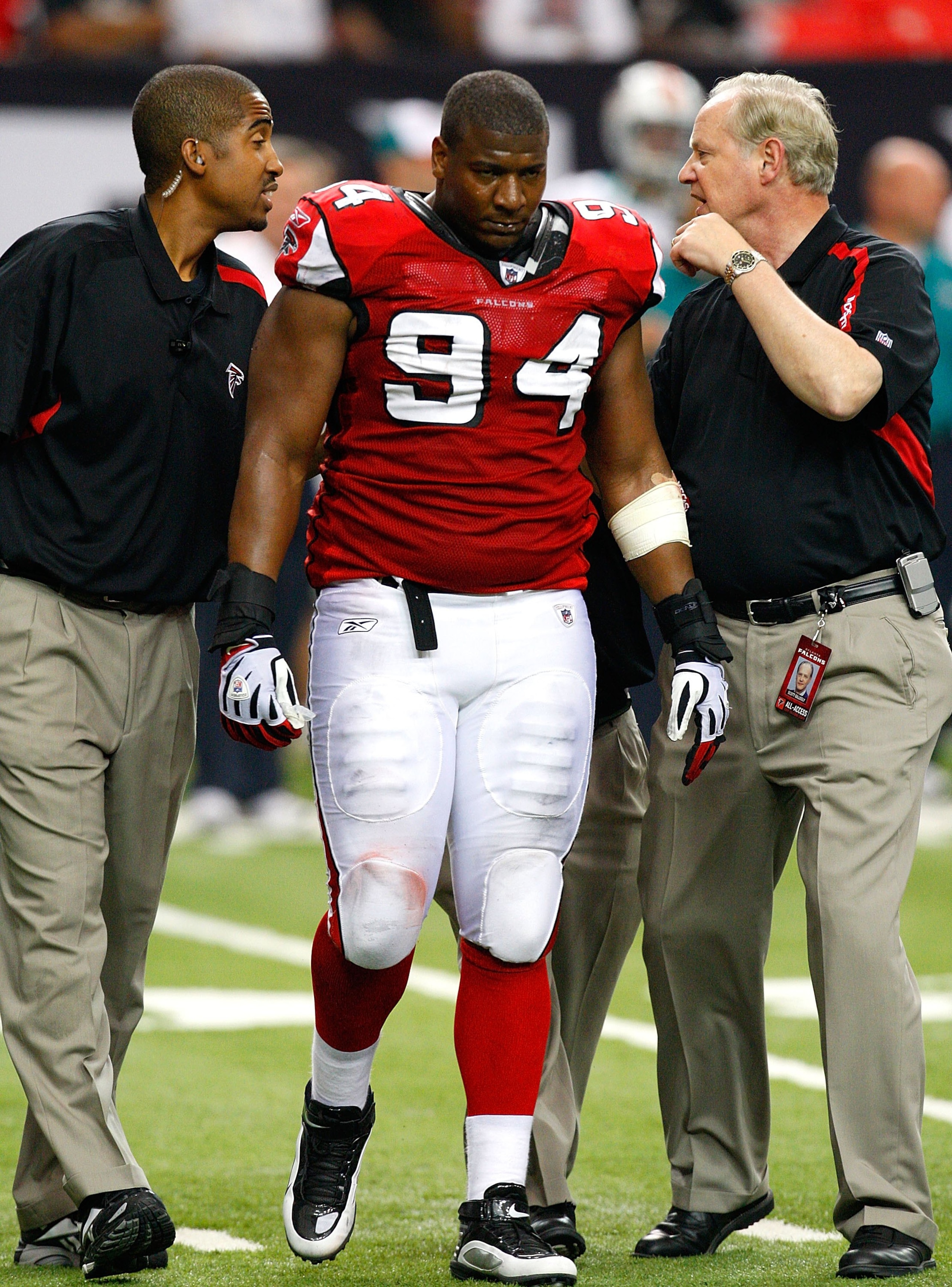 ATLANTA - SEPTEMBER 13:  Peria Jerry #94 of the Atlanta Falcons against the Miami Dolphins at Georgia Dome on September 13, 2009 in Atlanta, Georgia.  (Photo by Kevin C. Cox/Getty Images)
