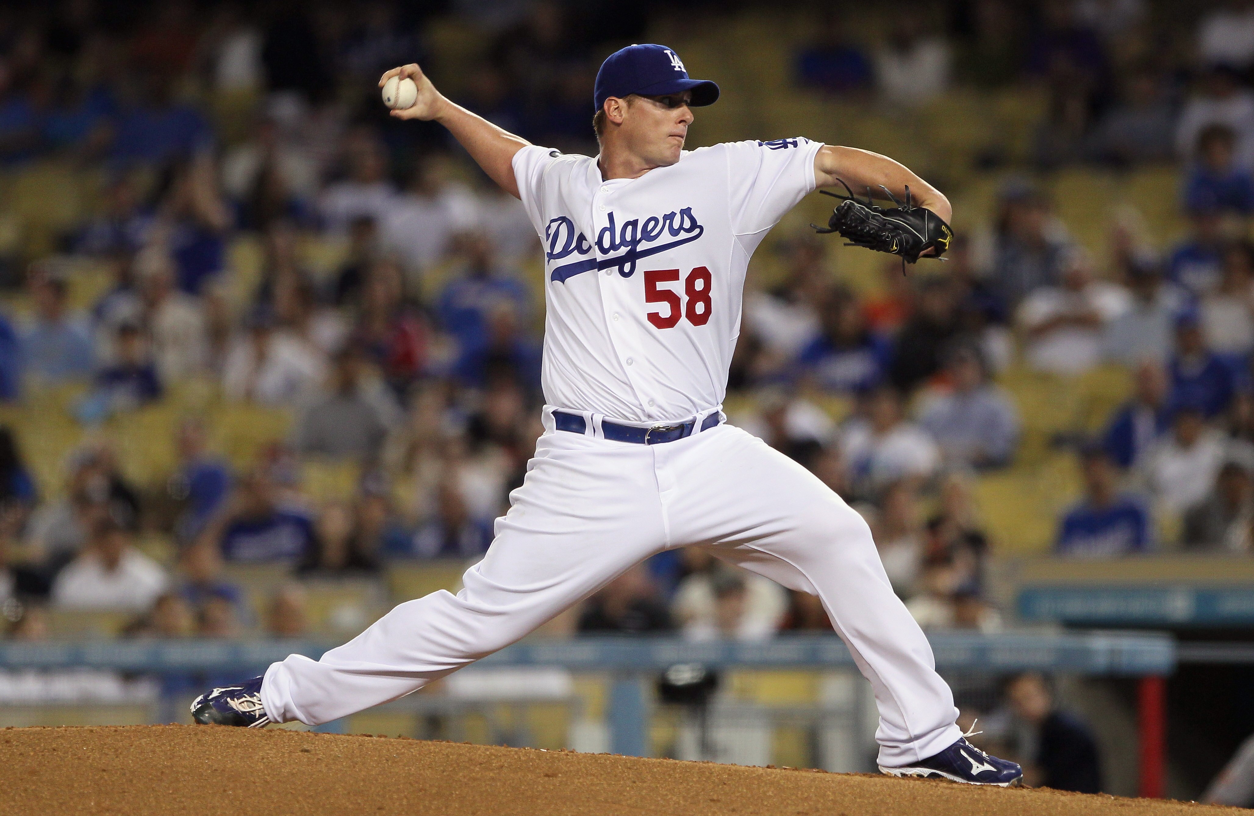 LOS ANGELES, CA - APRIL 01:  Chad Billingsley #58 of the Los Angeles Dodgers pitches against the San Francisco Giants in the second inning at Dodger Stadium on April 1, 2011 in Los Angeles, California.  (Photo by Jeff Gross/Getty Images)
