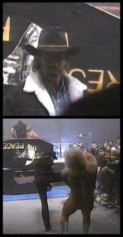 Chuck Norris blocking the way to anyone attempting to interfere in the casket match held at Survivor Series 1994.