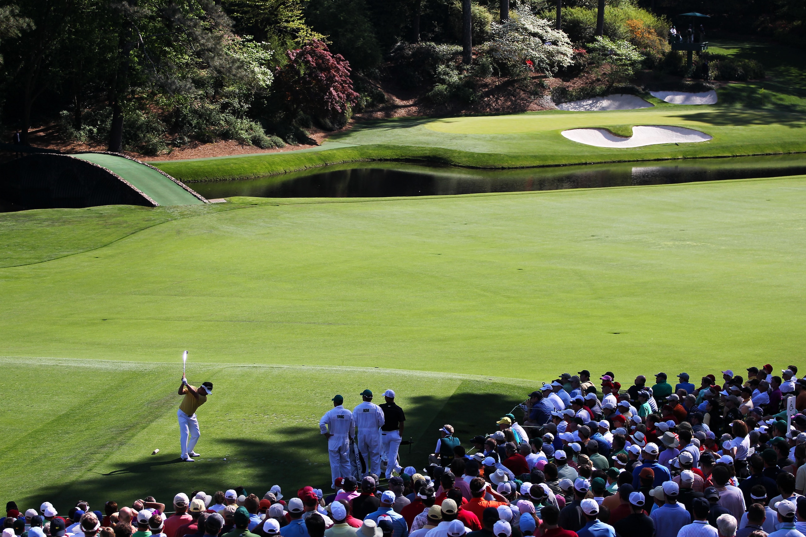 AUGUSTA, GA - APRIL 11:  Y.E. Yang of South Korea hits his tee shot on the 12th hole during the final round of the 2010 Masters Tournament at Augusta National Golf Club on April 11, 2010 in Augusta, Georgia.  (Photo by Jamie Squire/Getty Images)