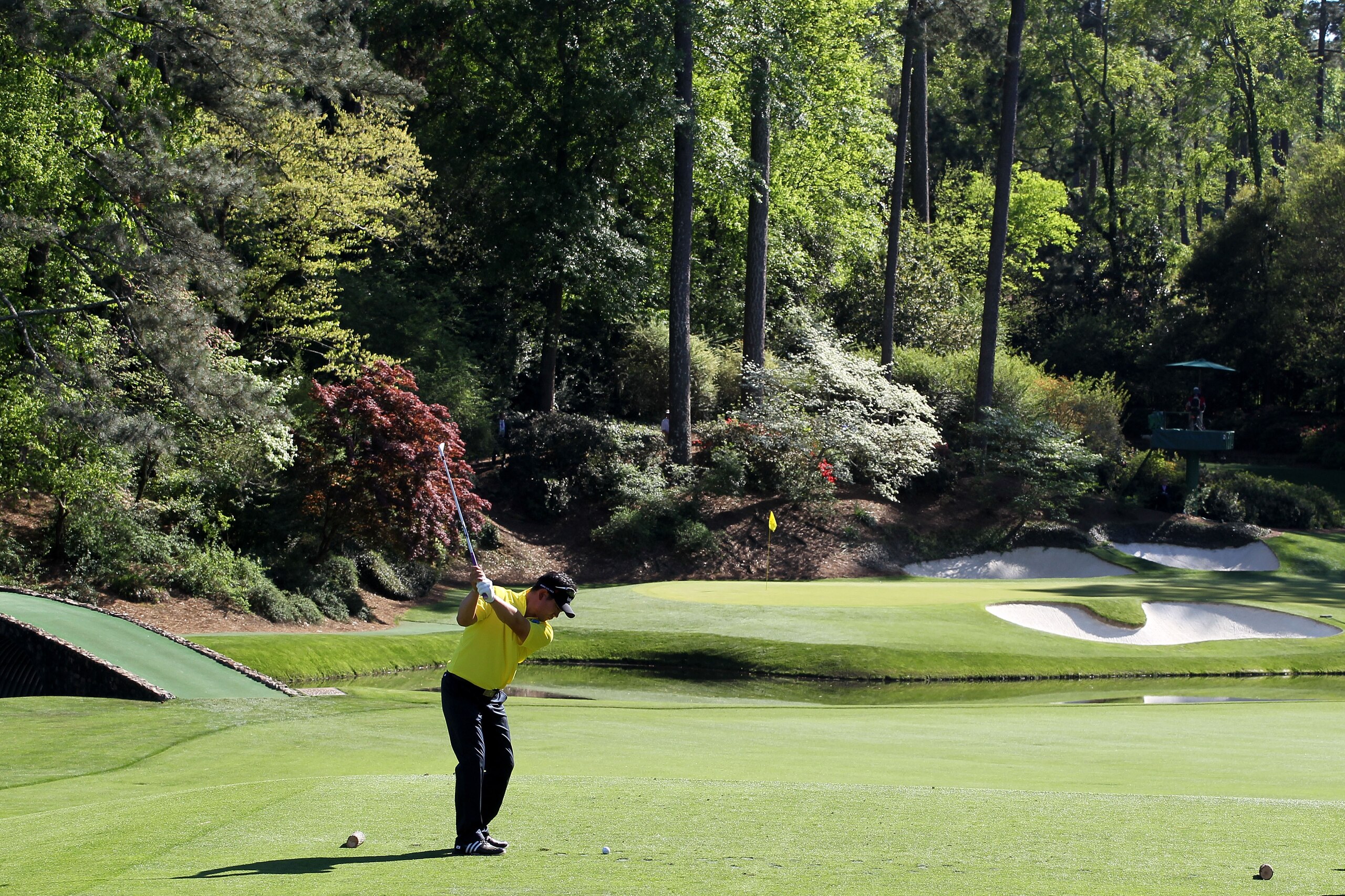 AUGUSTA, GA - APRIL 10:  Y.E. Yang of South Korea plays his tee shot on the 12th hole during the third round of the 2010 Masters Tournament at Augusta National Golf Club on April 10, 2010 in Augusta, Georgia.  (Photo by Jamie Squire/Getty Images)