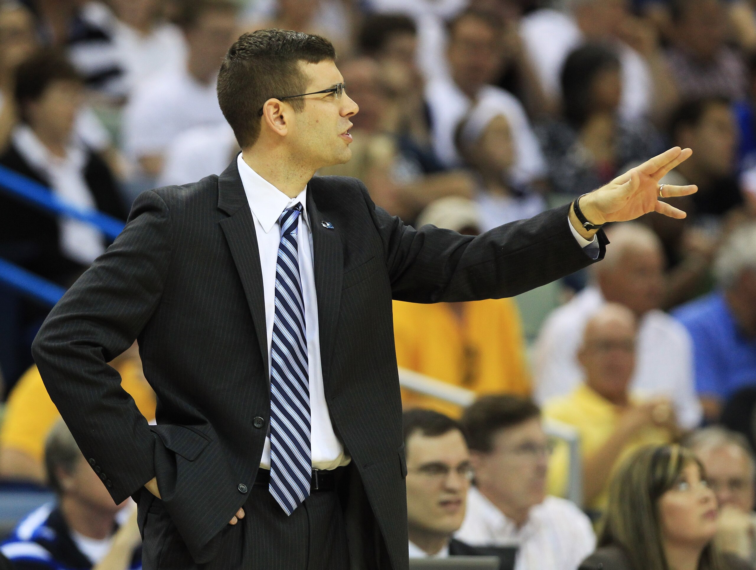 NEW ORLEANS, LA - MARCH 26:  Head coach Brad Stevens of the Butler Bulldogs reacts during their game against the Florida Gators in the Southeast regional final of the 2011 NCAA men's basketball tournament at New Orleans Arena on March 26, 2011 in New Orle