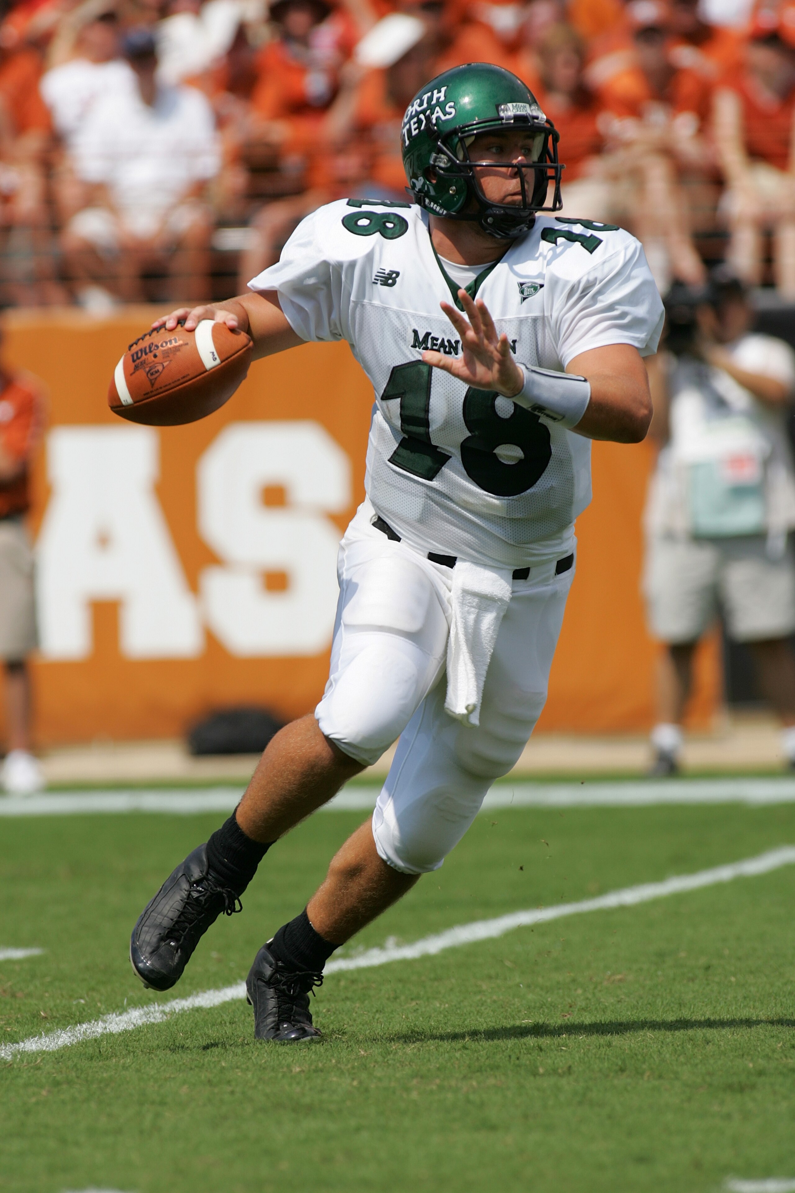 AUSTIN, TX - SEPTEMBER 2: Quarterback Matt Phillips #18 of the North Texas Eagles looks to pass against the Texas Longhorns on September 2, 2006 at Texas Memorial Stadium in Austin, Texas. The Longhorns defeated the Eagles 56-7. (Photo by Ronald Martinez AUSTIN, TX - SEPTEMBER 2: Quarterback Matt Phillips #18 of the North Texas Eagles looks to pass against the Texas Longhorns on September 2, 2006 at Texas Memorial Stadium in Austin, Texas. The Longhorns defeated the Eagles 56-7. (Photo by Ronald Martinez