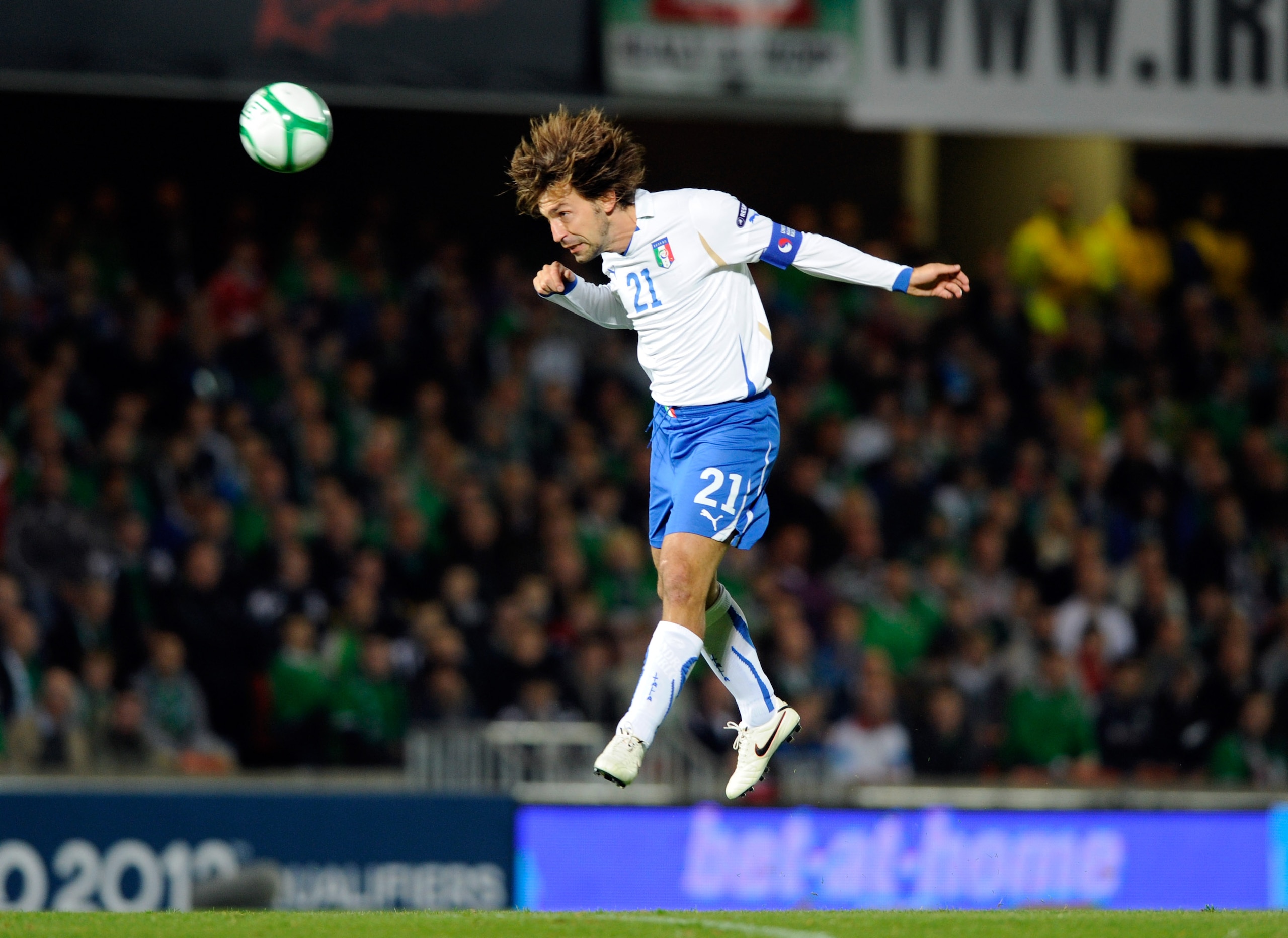 BELFAST, NORTHERN IRELAND - OCTOBER 08: Andrea Pirlo of Italy heads the ball during the Euro 2012 group C qualifying match between Northern Ireland and Italy on October 8, 2010 in Belfast, Northern Ireland. (Photo by Claudio Villa/Getty Images) BELFAST, NORTHERN IRELAND - OCTOBER 08: Andrea Pirlo of Italy heads the ball during the Euro 2012 group C qualifying match between Northern Ireland and Italy on October 8, 2010 in Belfast, Northern Ireland. (Photo by Claudio Villa/Getty Images)