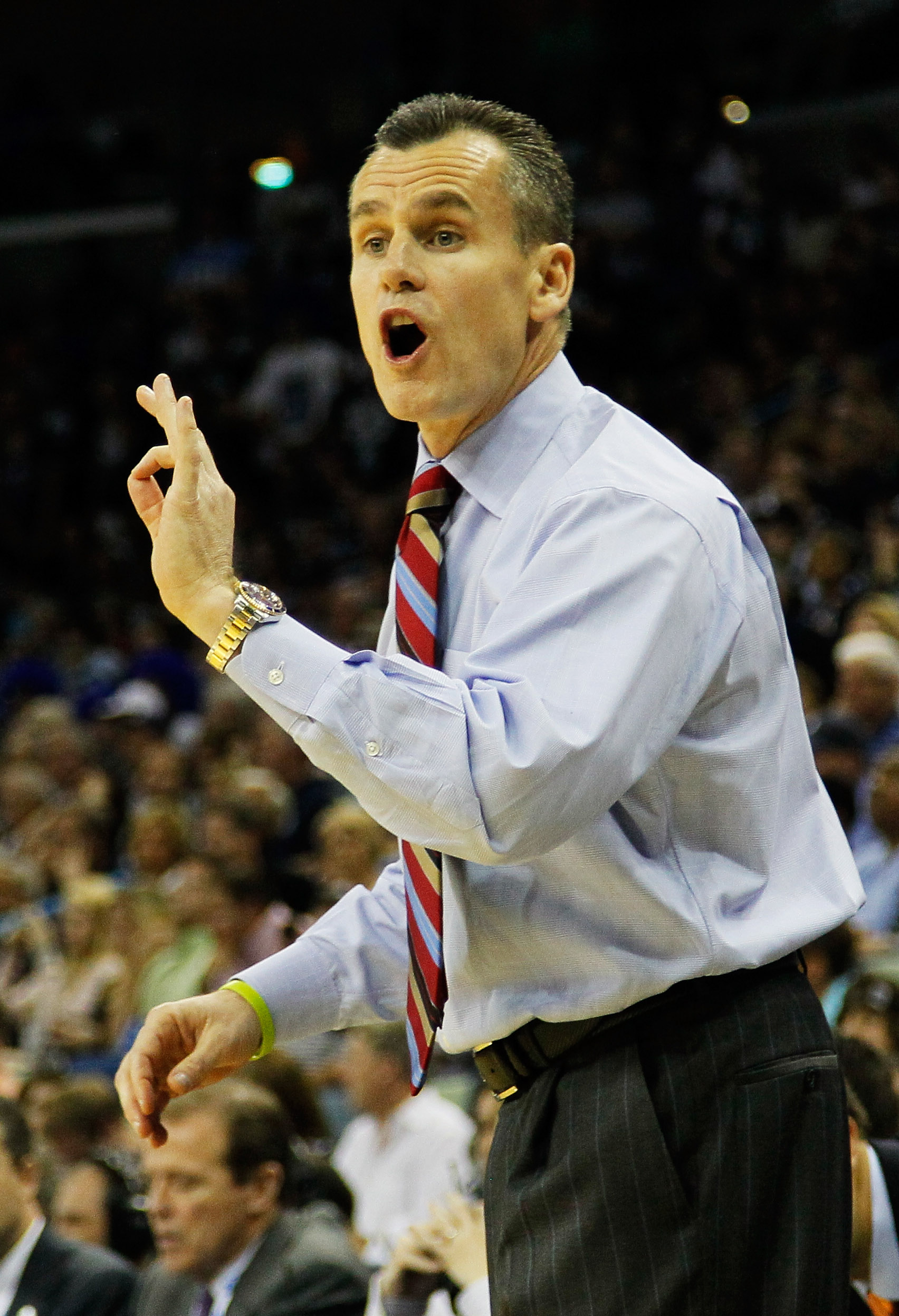 NEW ORLEANS, LA - MARCH 26:  Head coach Billy Donovan of the Florida Gators yells to his team during their game against the Butler Bulldogs in the Southeast regional final of the 2011 NCAA men's basketball tournament at New Orleans Arena on March 26, 2011