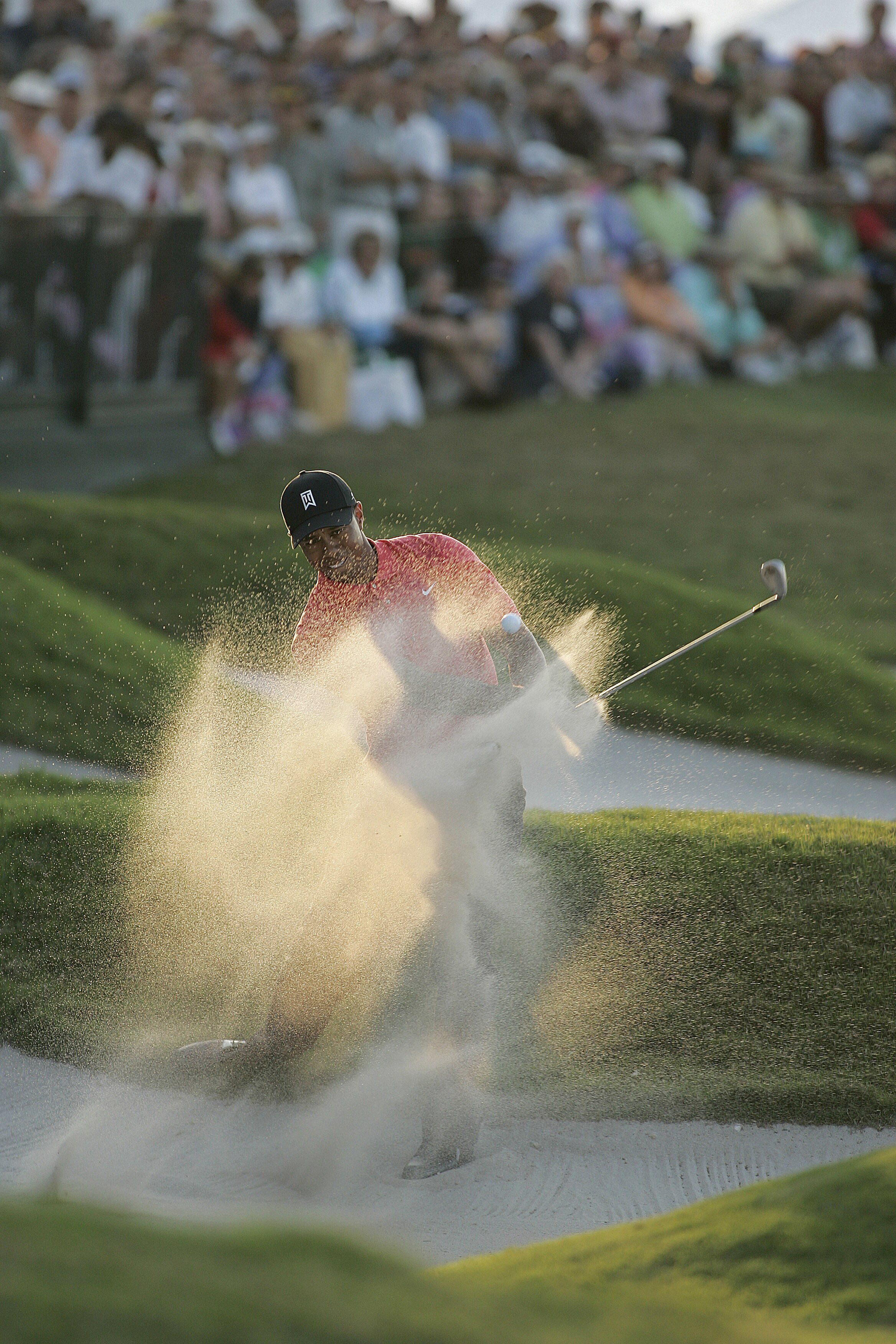 UNITED STATES - MARCH 05:  Tiger Woods plays his third shot on the 18th green in action during the fourth round of the Ford Championship at Doral Golf Resort and Spa in Miami, Florida on March 5, 2006.  (Photo by Michael Cohen/Getty Images)