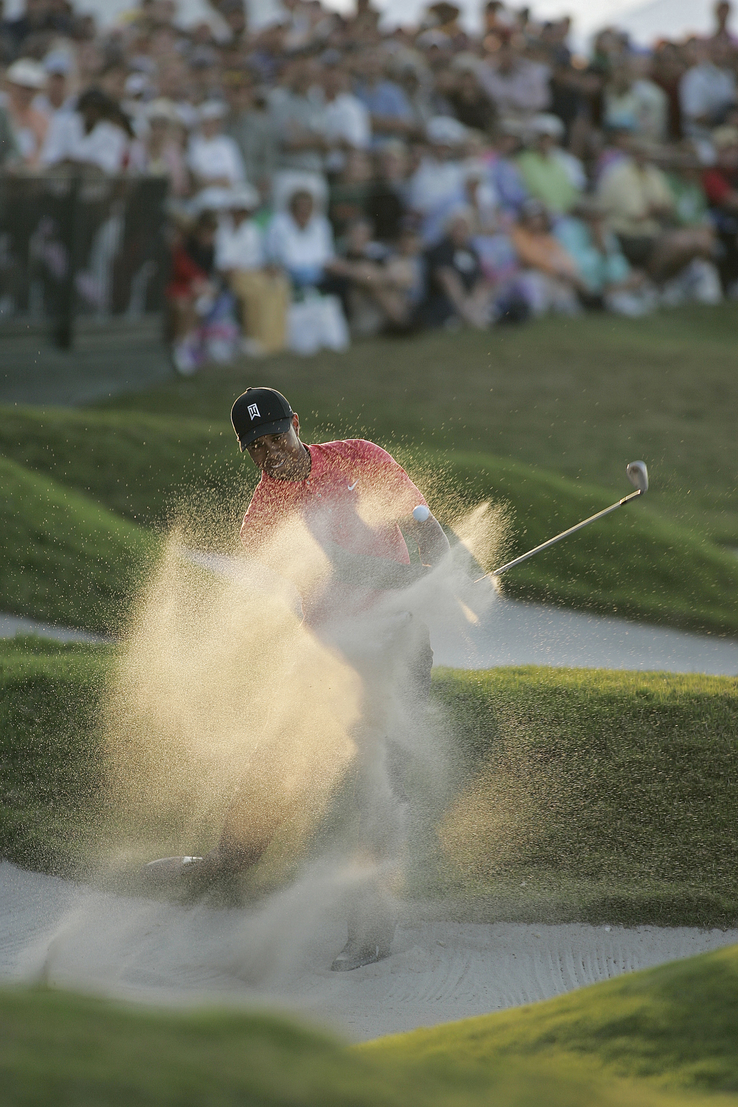 UNITED STATES - MARCH 05:  Tiger Woods plays his third shot on the 18th green in action during the fourth round of the Ford Championship at Doral Golf Resort and Spa in Miami, Florida on March 5, 2006.  (Photo by Michael Cohen/Getty Images)