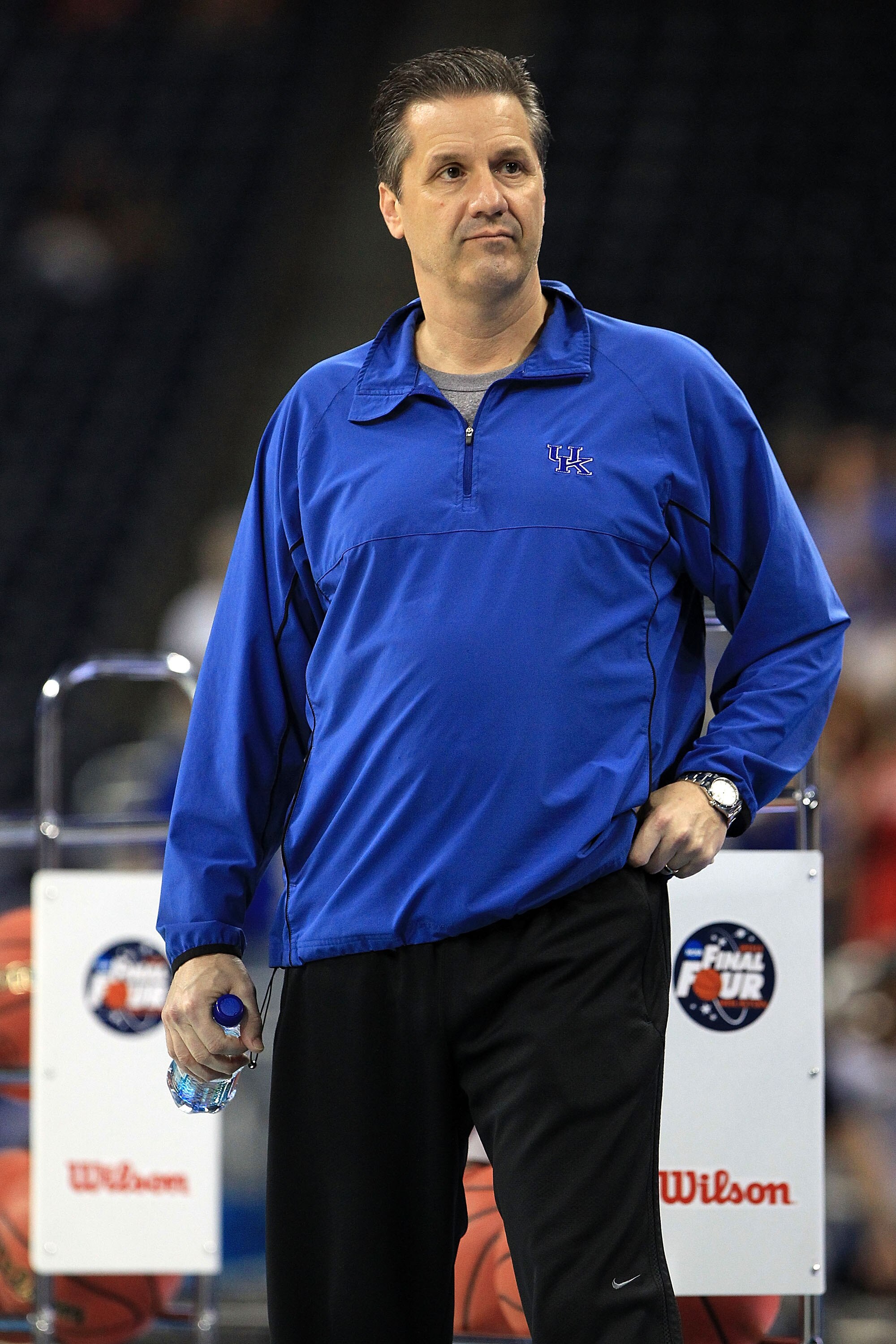 HOUSTON, TX - APRIL 01:  Head coach John Calipari of the Kentucky Wildcats looks on during practice prior to the 2011 Final Four of the NCAA Division I Men's Basketball Tournament at Reliant Stadium on April 1, 2011 in Houston, Texas.  (Photo by Streeter