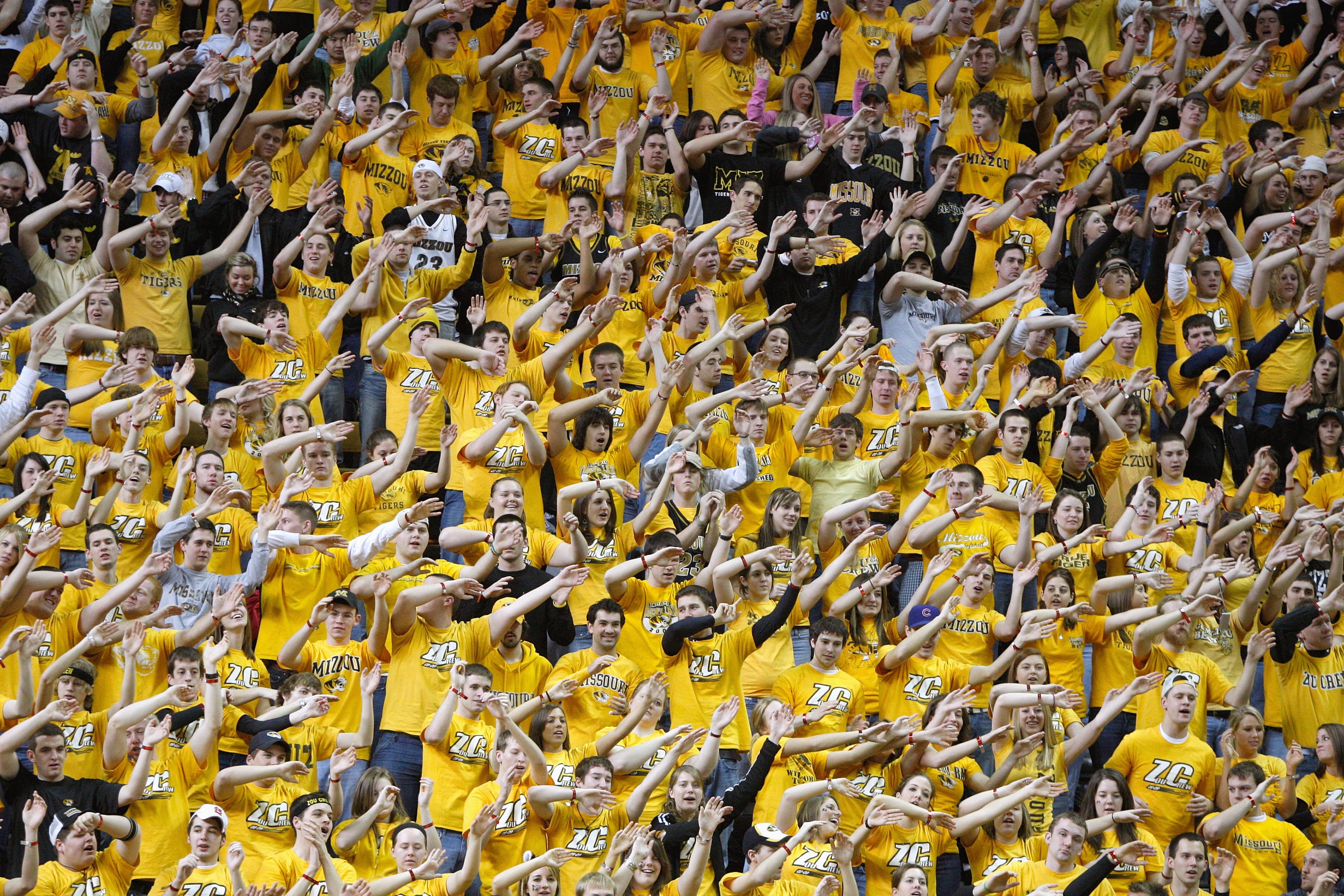 COLUMBIA, MISSOURI - FEBRUARY 14:  Fans of the Missouri Tigers cheer against the Nebraska Huskers during the game on February 14, 2009 at Mizzou Arena in Columbia, Missouri. (Photo by: Jamie Squire/Getty Images)