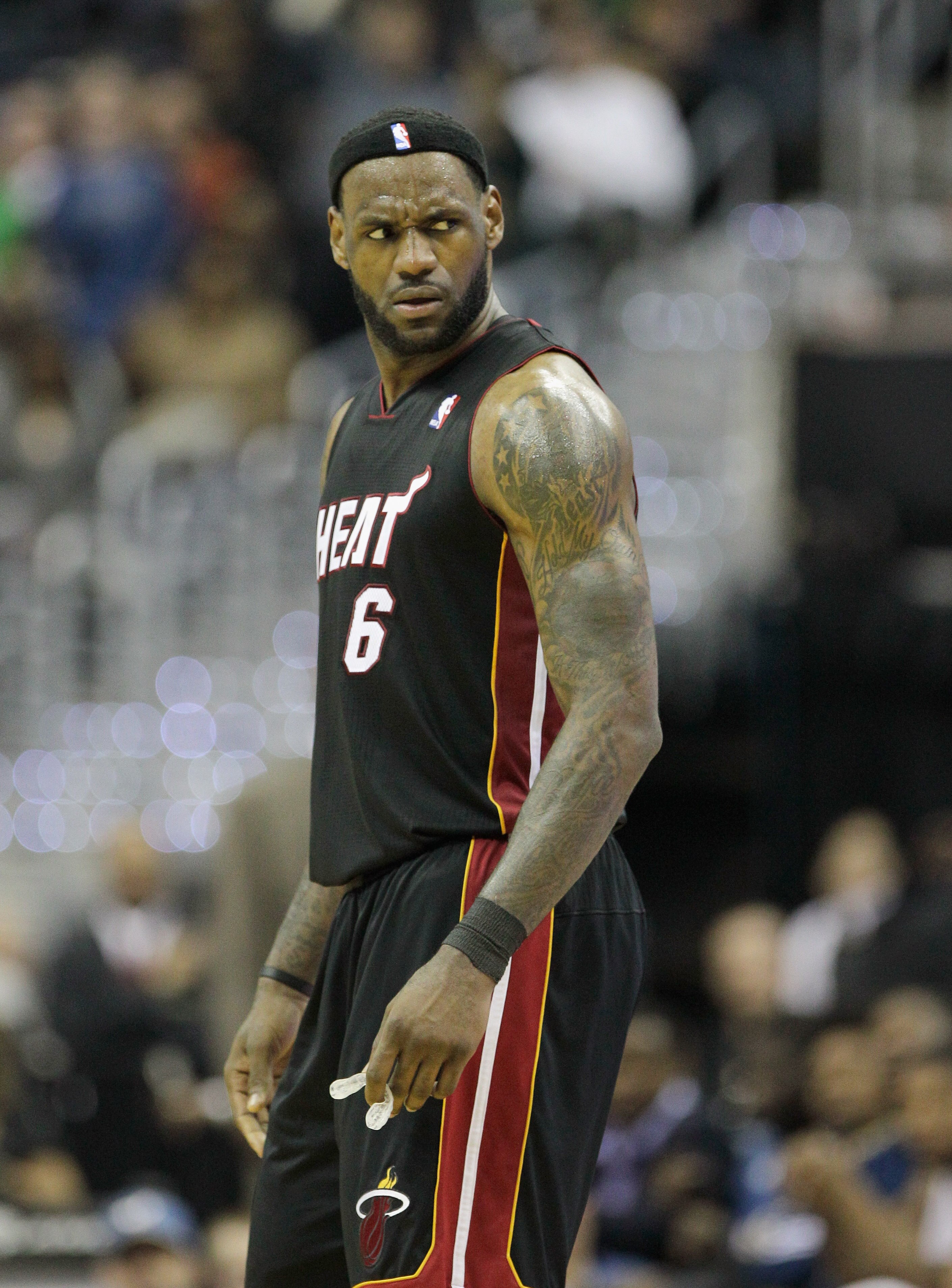 WASHINGTON, DC - MARCH 30: LeBron James #6 of the Miami Heat looks at an official after being called for a technical foul during the second half against the Washington Wizarads at the Verizon Center on March 30, 2011 in Washington, DC. NOTE TO USER: User
