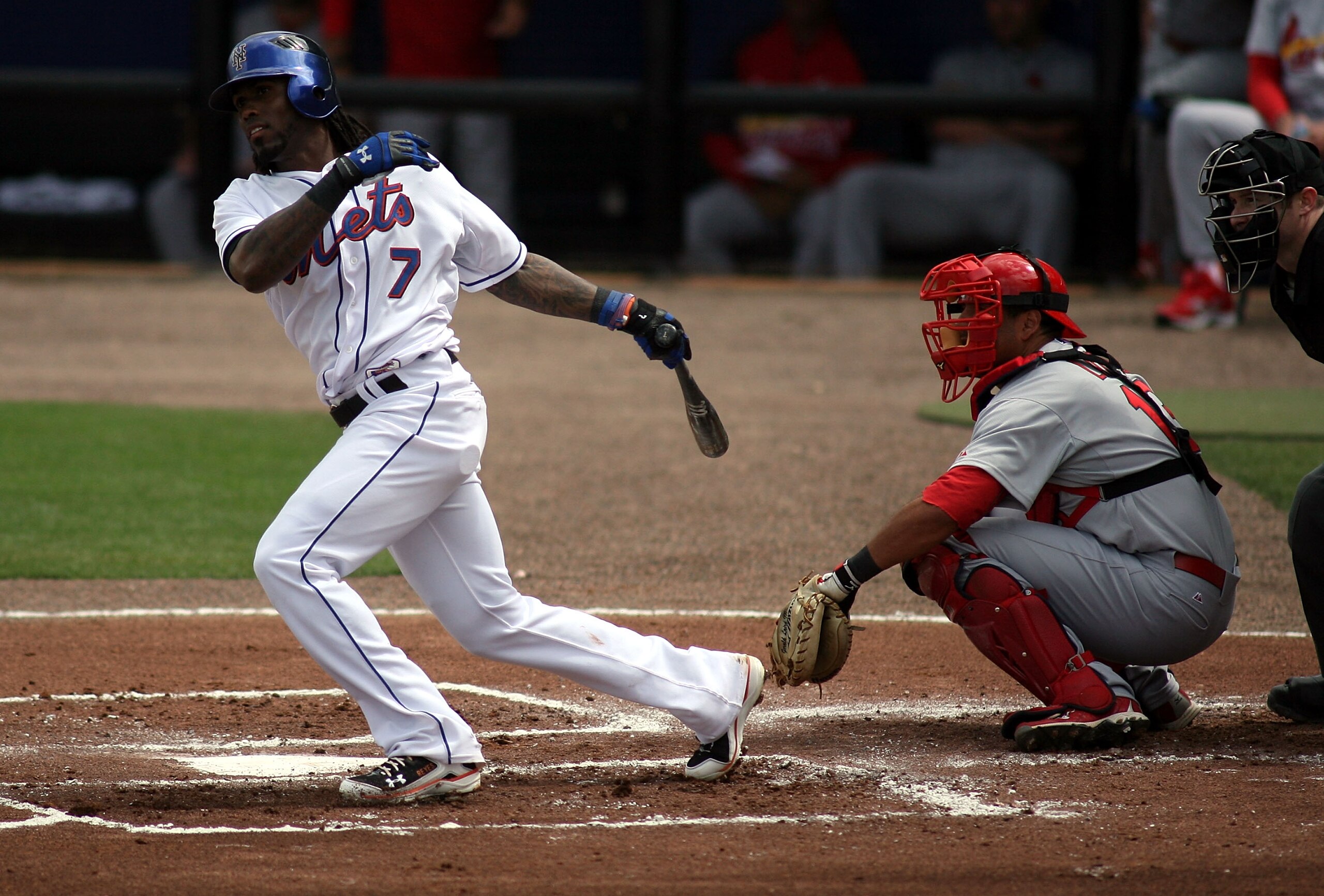PORT ST. LUCIE, FL - MARCH 03: Shortstop Jose Reyes #7 of the New York Mets bats against the St. Louis Cardinals stealing second base at Digital Domain Park on March 3, 2011 in Port St. Lucie, Florida. (Photo by Marc Serota/Getty Images) PORT ST. LUCIE, FL - MARCH 03: Shortstop Jose Reyes #7 of the New York Mets bats against the St. Louis Cardinals stealing second base at Digital Domain Park on March 3, 2011 in Port St. Lucie, Florida. (Photo by Marc Serota/Getty Images)