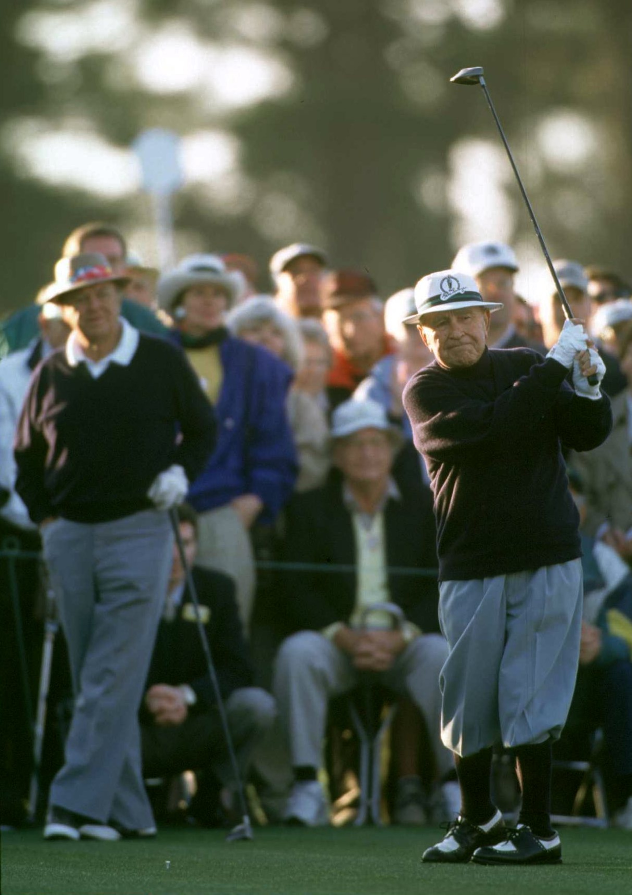 11 Apr 1996:  The opening pairing of Gene Sarazen of the USA and playing partner Sam Snead of the USA in the back ground start the Masters off during the first day of the US Masters golf tournament at the Augusta National Golf Club. Mandatory Credit: Davi