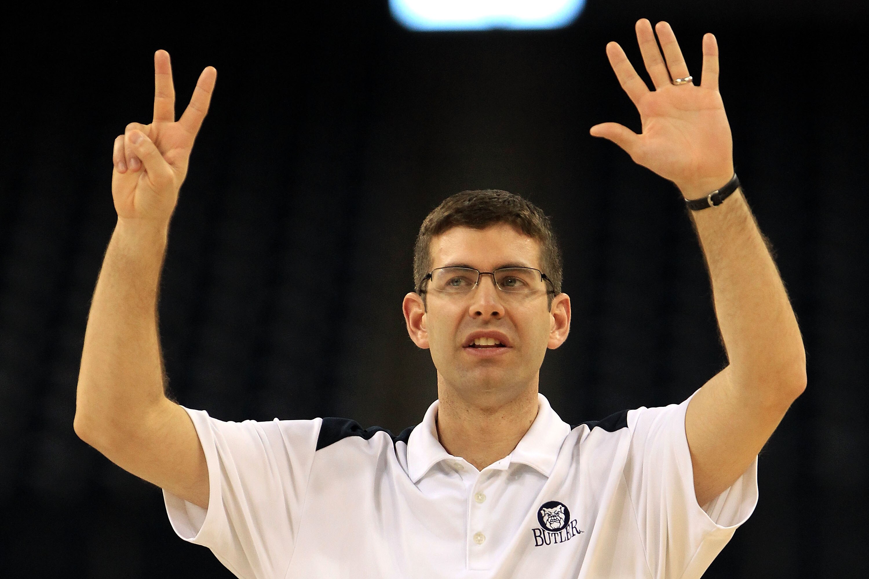 HOUSTON, TX - APRIL 01:  Head coach Brad Stevens of the Butler Bulldogs reacts during practice prior to the 2011 Final Four of the NCAA Division I Men's Basketball Tournament at Reliant Stadium on April 1, 2011 in Houston, Texas.  (Photo by Streeter Lecka