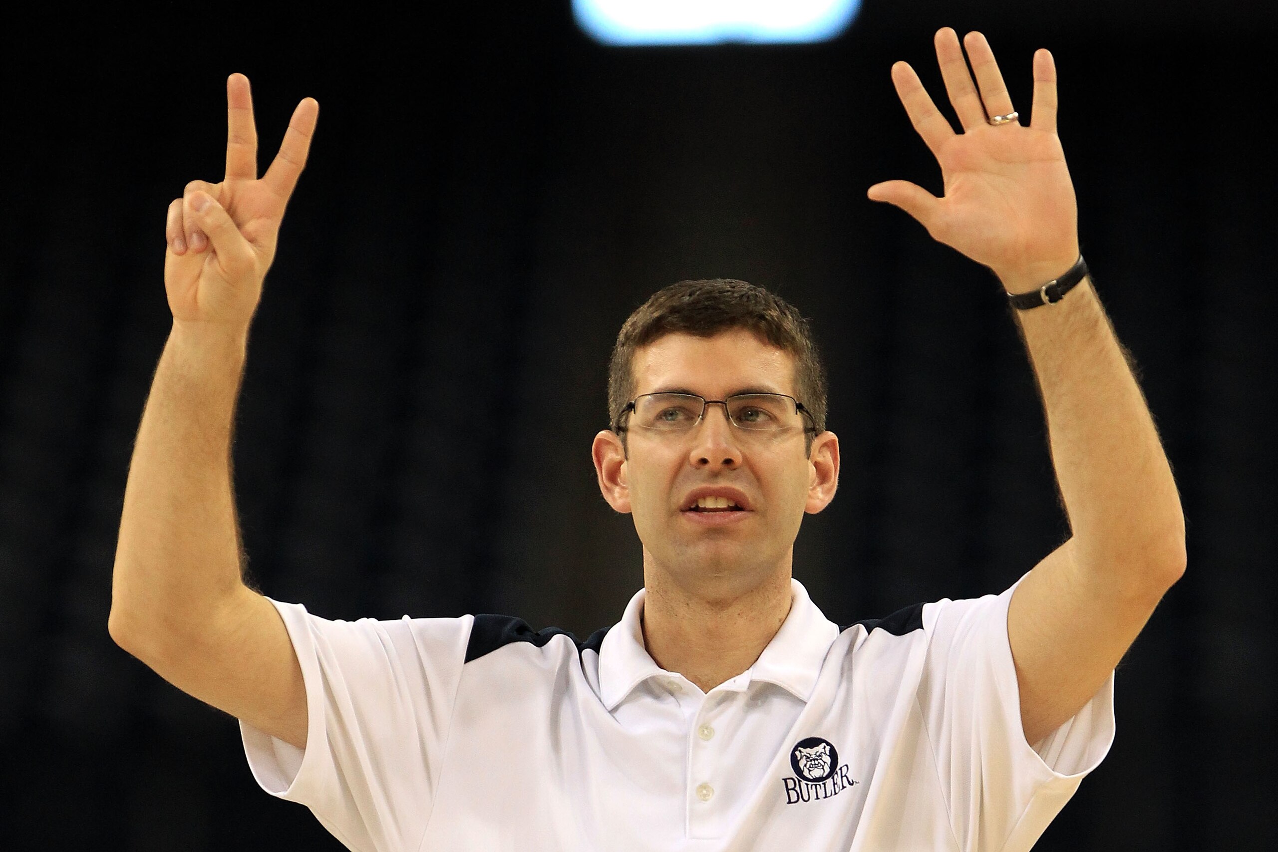 HOUSTON, TX - APRIL 01: Head coach Brad Stevens of the Butler Bulldogs reacts during practice prior to the 2011 Final Four of the NCAA Division I Men's Basketball Tournament at Reliant Stadium on April 1, 2011 in Houston, Texas. (Photo by Streeter Lecka HOUSTON, TX - APRIL 01: Head coach Brad Stevens of the Butler Bulldogs reacts during practice prior to the 2011 Final Four of the NCAA Division I Men's Basketball Tournament at Reliant Stadium on April 1, 2011 in Houston, Texas. (Photo by Streeter Lecka