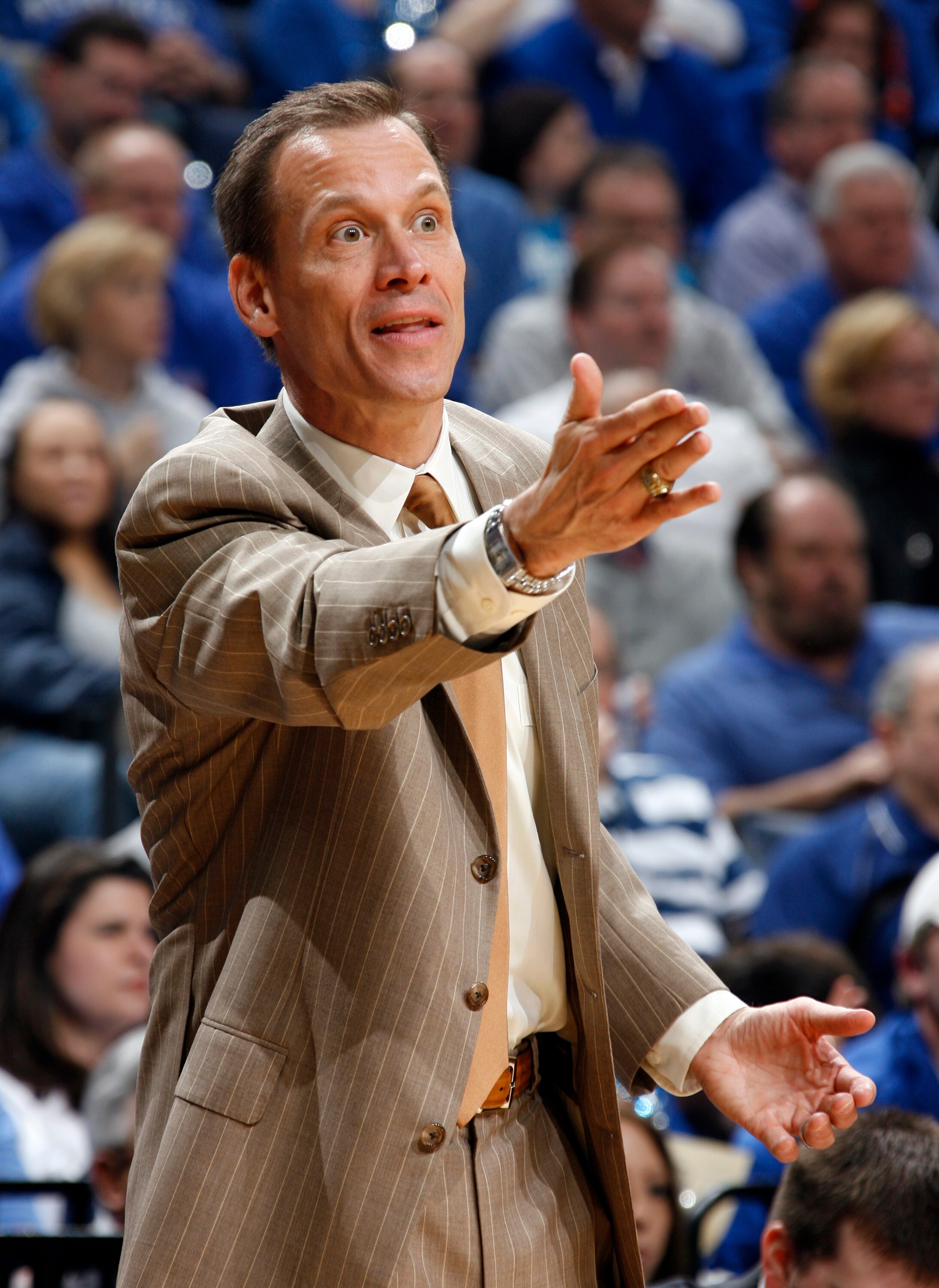 MEMPHIS, TN - MARCH 15: Doug Wojcik, head coach of the Tulsa Golden Hurricane reacts to a call against the Memphis Tigers during the finals of the Conference USA Basketball Tournament at FedExForum on March 15, 2008 in Memphis, Tennessee. Memphis beat Tul