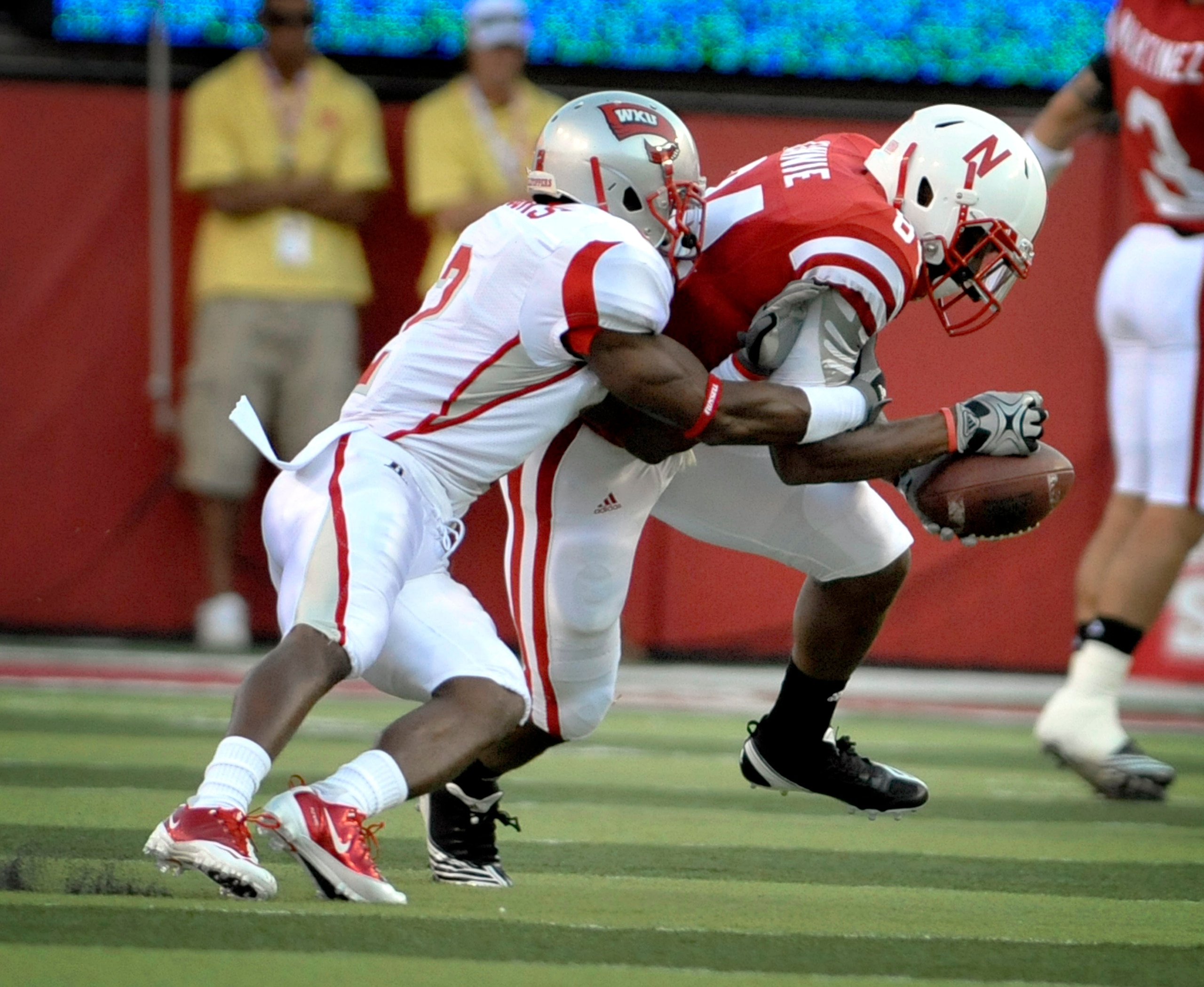 LINCOLN, NE - SEPTEMBER 04: Brandon Kinnie #84 of the Nebraska Cornhuskers gets a pass knocked away by Derrius Brooks #2 of the Western Kentucky Hilltoppers during the first half at Memorial Stadium on September 4, 2010 in Lincoln, Nebraska. (Photo by E LINCOLN, NE - SEPTEMBER 04: Brandon Kinnie #84 of the Nebraska Cornhuskers gets a pass knocked away by Derrius Brooks #2 of the Western Kentucky Hilltoppers during the first half at Memorial Stadium on September 4, 2010 in Lincoln, Nebraska. (Photo by E
