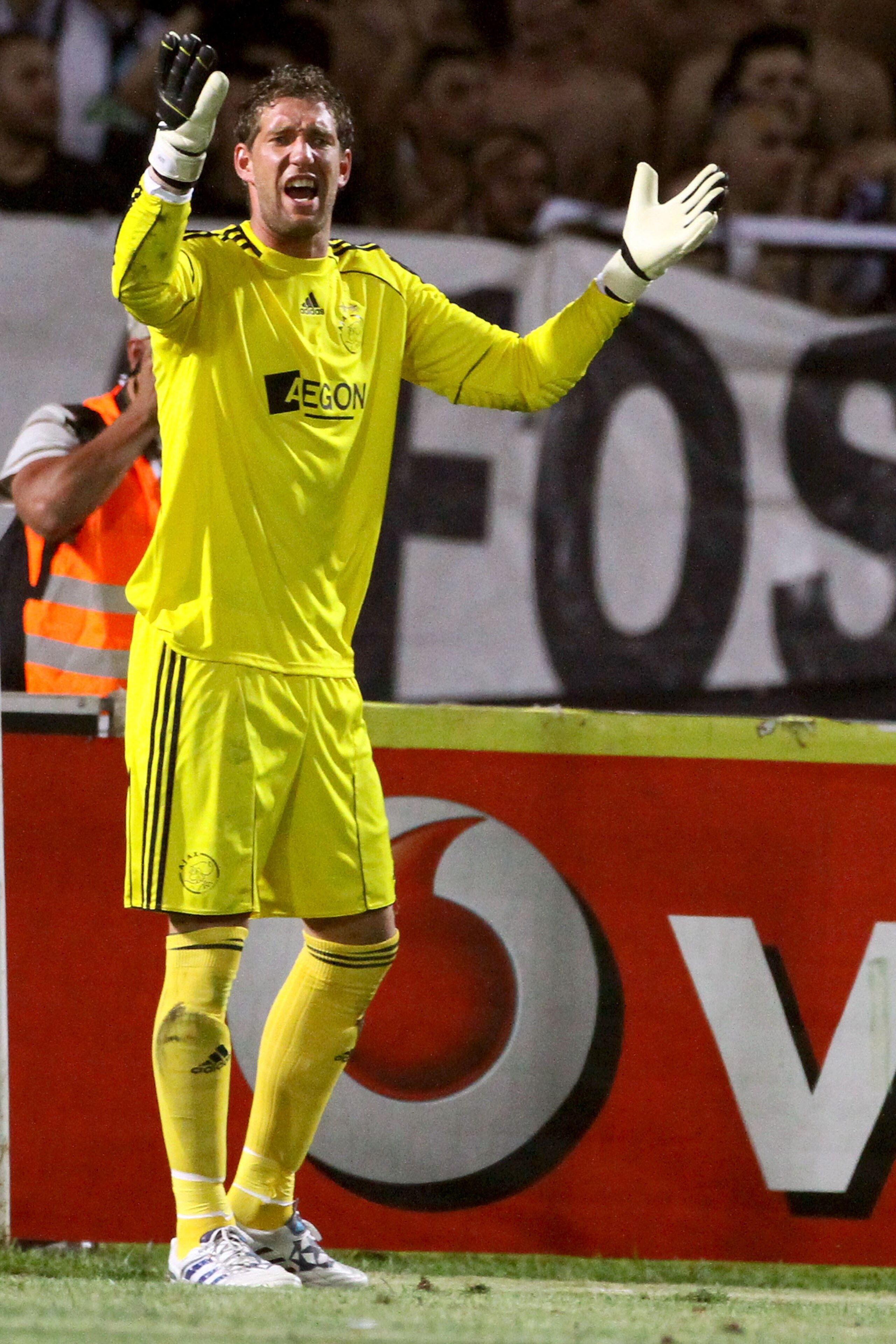 THESSALONIKI, GREECE - AUGUST 04:  Maarten Stekelenburg of Ajax gestures during the Uefa Champions League qualifying match between Paok and Ajax at Toumba Stadium on August 4, 2010 in Thessaloniki, Greece.  (Photo by Getty Images/Getty Images)