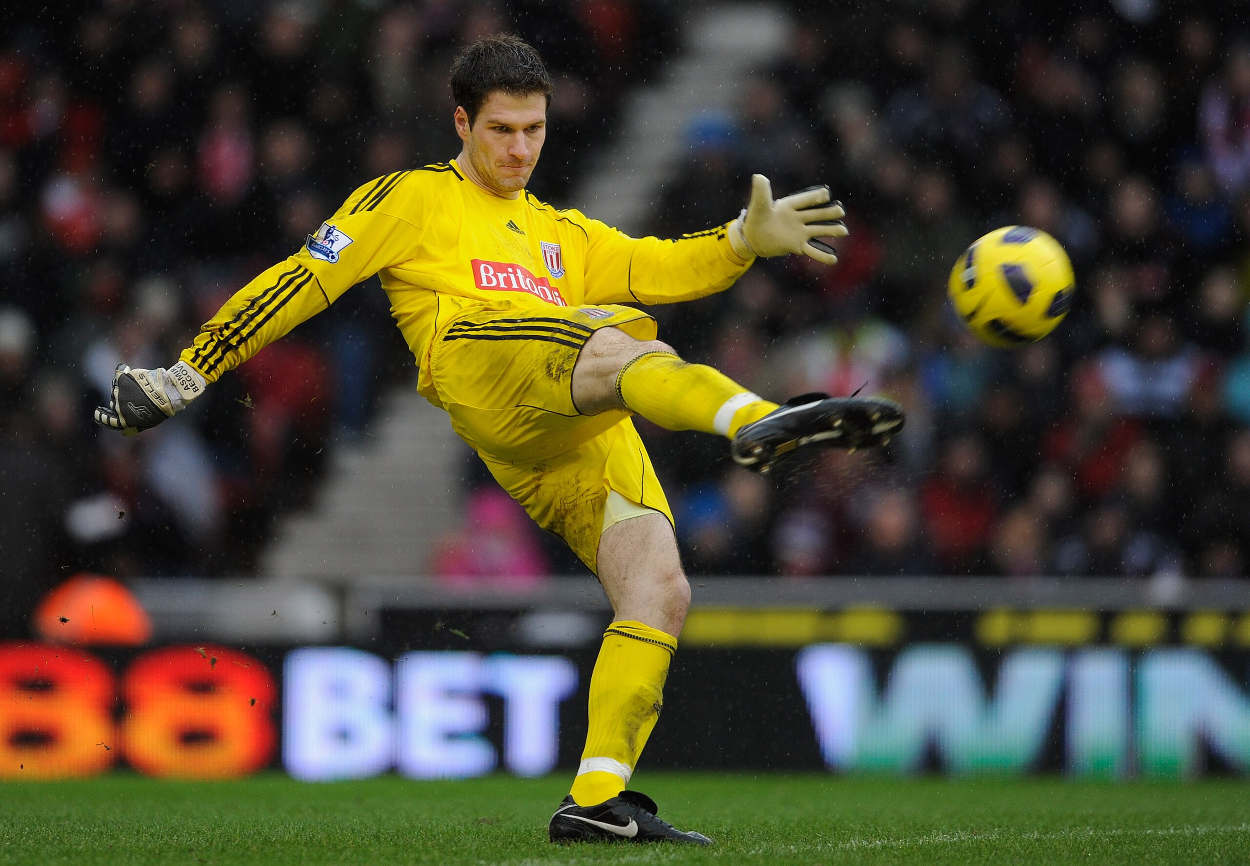STOKE ON TRENT, ENGLAND - FEBRUARY 05: Asmir Begovic of Stoke takes a drop kick during the Barclays Premier League match between Stoke City and Sunderland at the Britannia Stadium on February 5, 2011 in Stoke on Trent, England.  (Photo by Michael Regan/Ge
