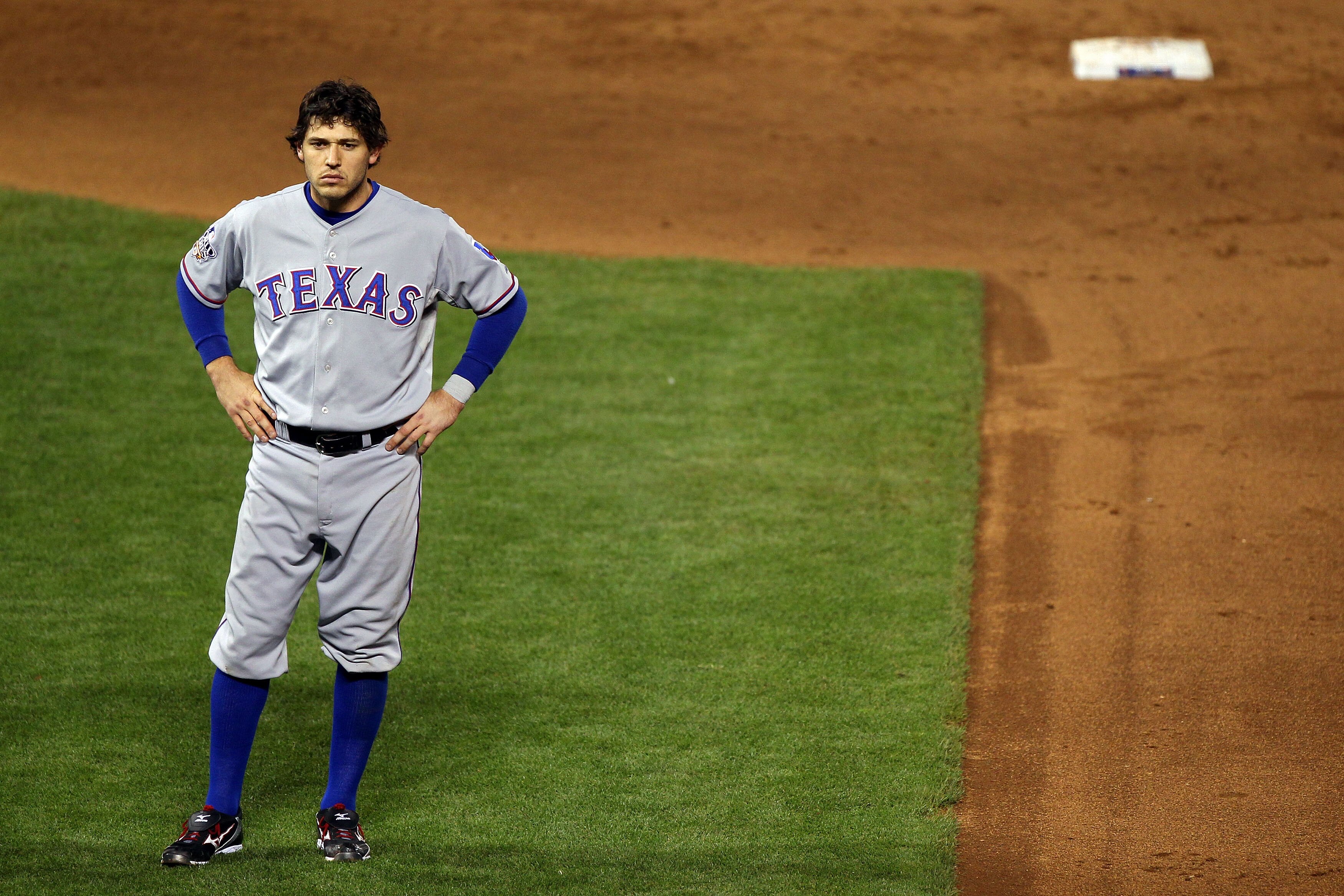 SAN FRANCISCO - OCTOBER 28:  Ian Kinsler #5 of the Texas Rangers looks on after the end of the top of the sixth inning while taking on the San Francisco Giants in Game Two of the 2010 MLB World Series at AT&T Park on October 28, 2010 in San Francisco, Cal