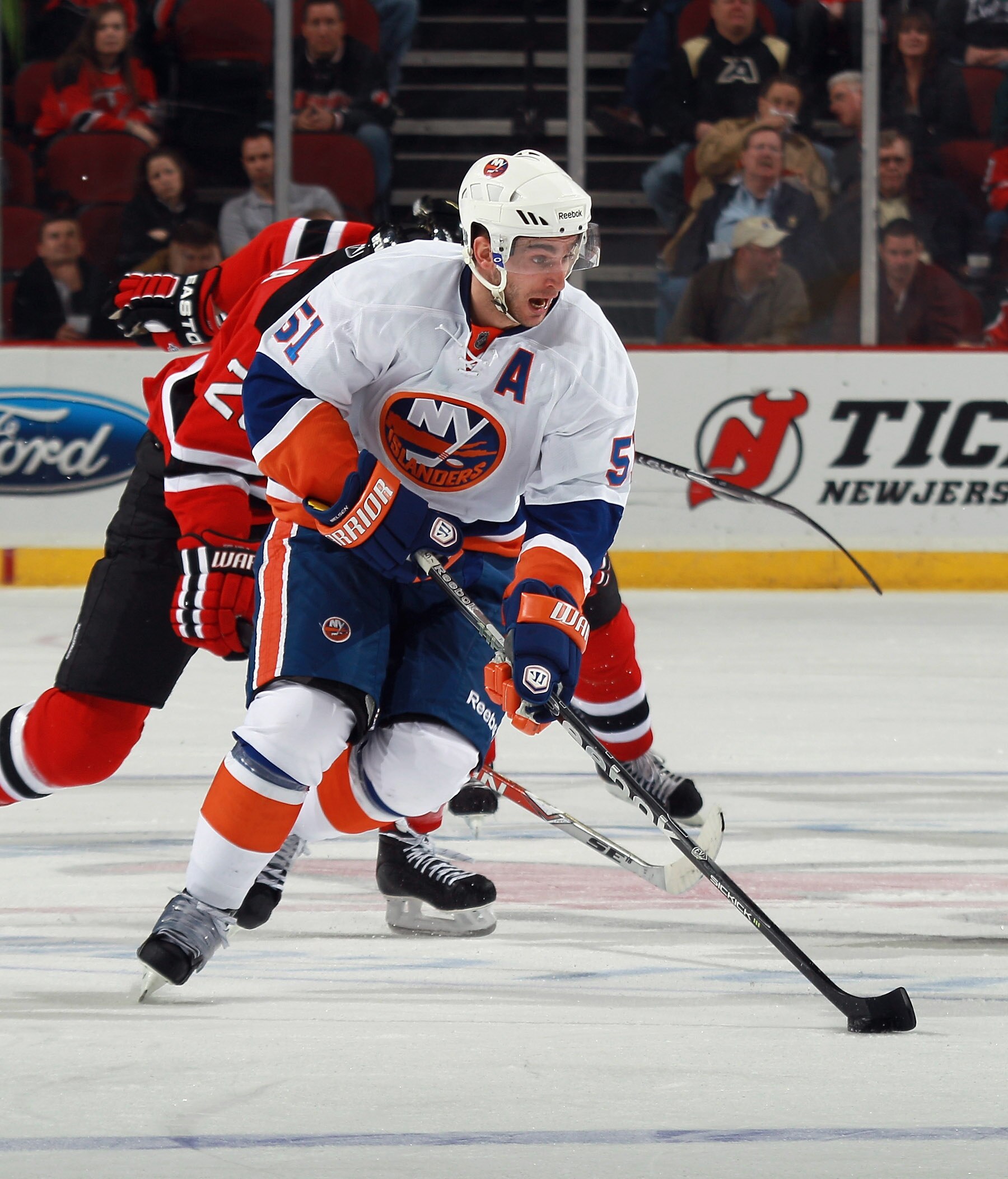 NEWARK, NJ - MARCH 30:  Frans Nielsen #51 of the New York Islanders skates against the New Jersey Devils at the Prudential Center on March 30, 2011 in Newark, New Jersey. The Devils defeated the Islanders 3-2.  (Photo by Bruce Bennett/Getty Images)