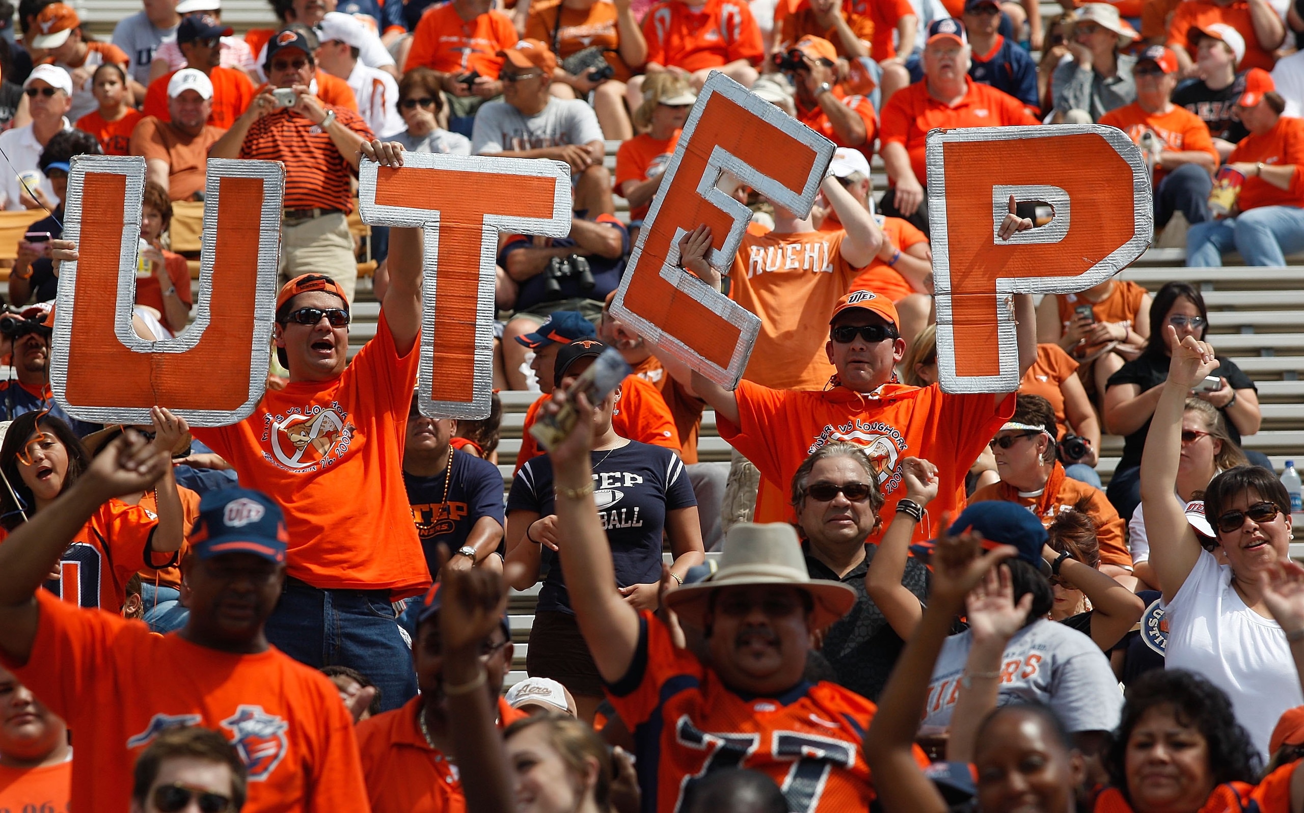 AUSTIN, TX - SEPTEMBER 26: UTEP Miners fans before a game with the Texas Longhorns at Darrell K Royal-Texas Memorial Stadium on September 26, 2009 in Austin, Texas. (Photo by Ronald Martinez/Getty Images) AUSTIN, TX - SEPTEMBER 26: UTEP Miners fans before a game with the Texas Longhorns at Darrell K Royal-Texas Memorial Stadium on September 26, 2009 in Austin, Texas. (Photo by Ronald Martinez/Getty Images)