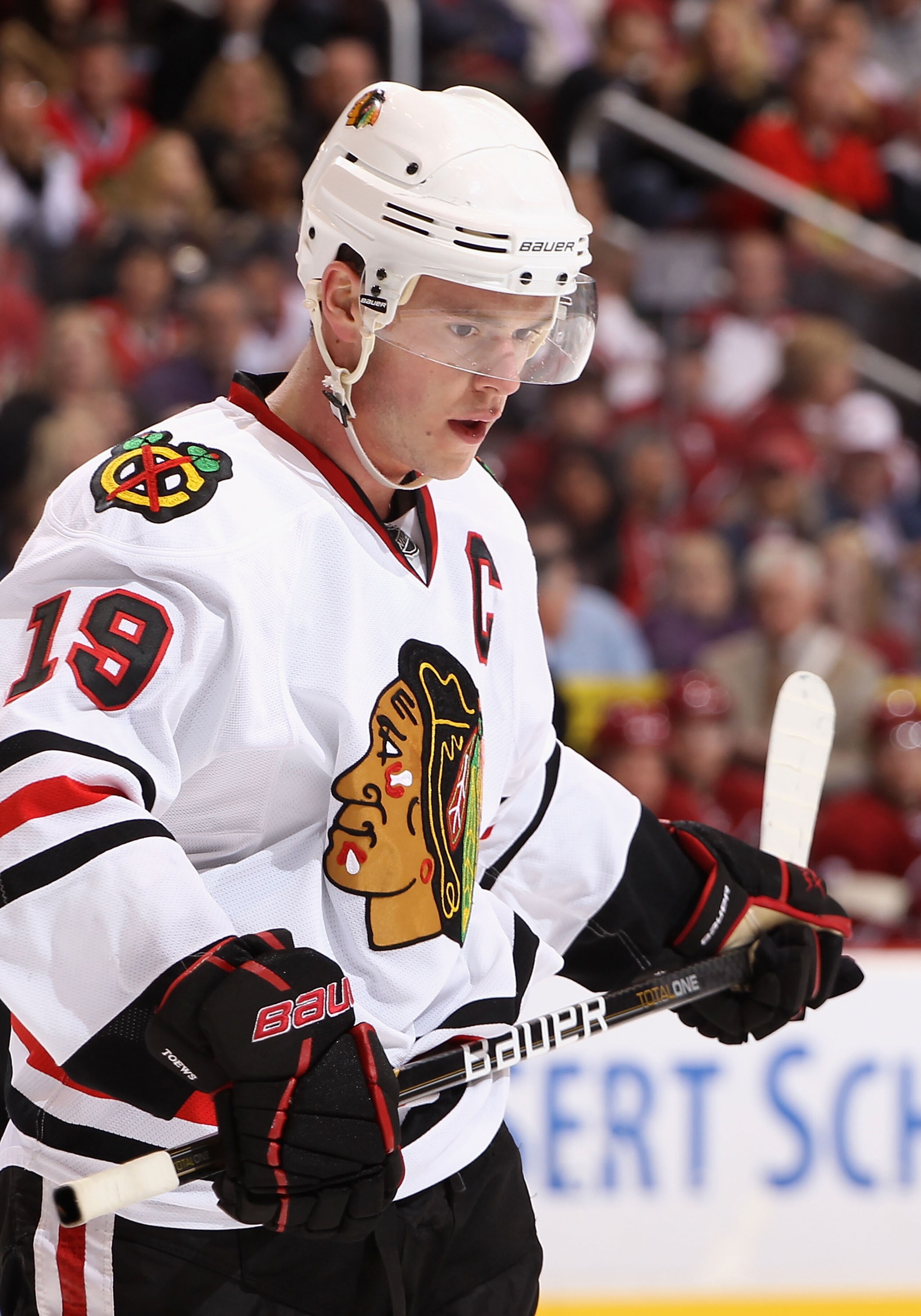 GLENDALE, AZ - MARCH 20:  Jonathan Toews #19 of the Chicago Blackhawks during the NHL game against the Phoenix Coyotes at Jobing.com Arena on March 20, 2011 in Glendale, Arizona. The Blackhawks defeated the Coyotes 2-1.  (Photo by Christian Petersen/Getty