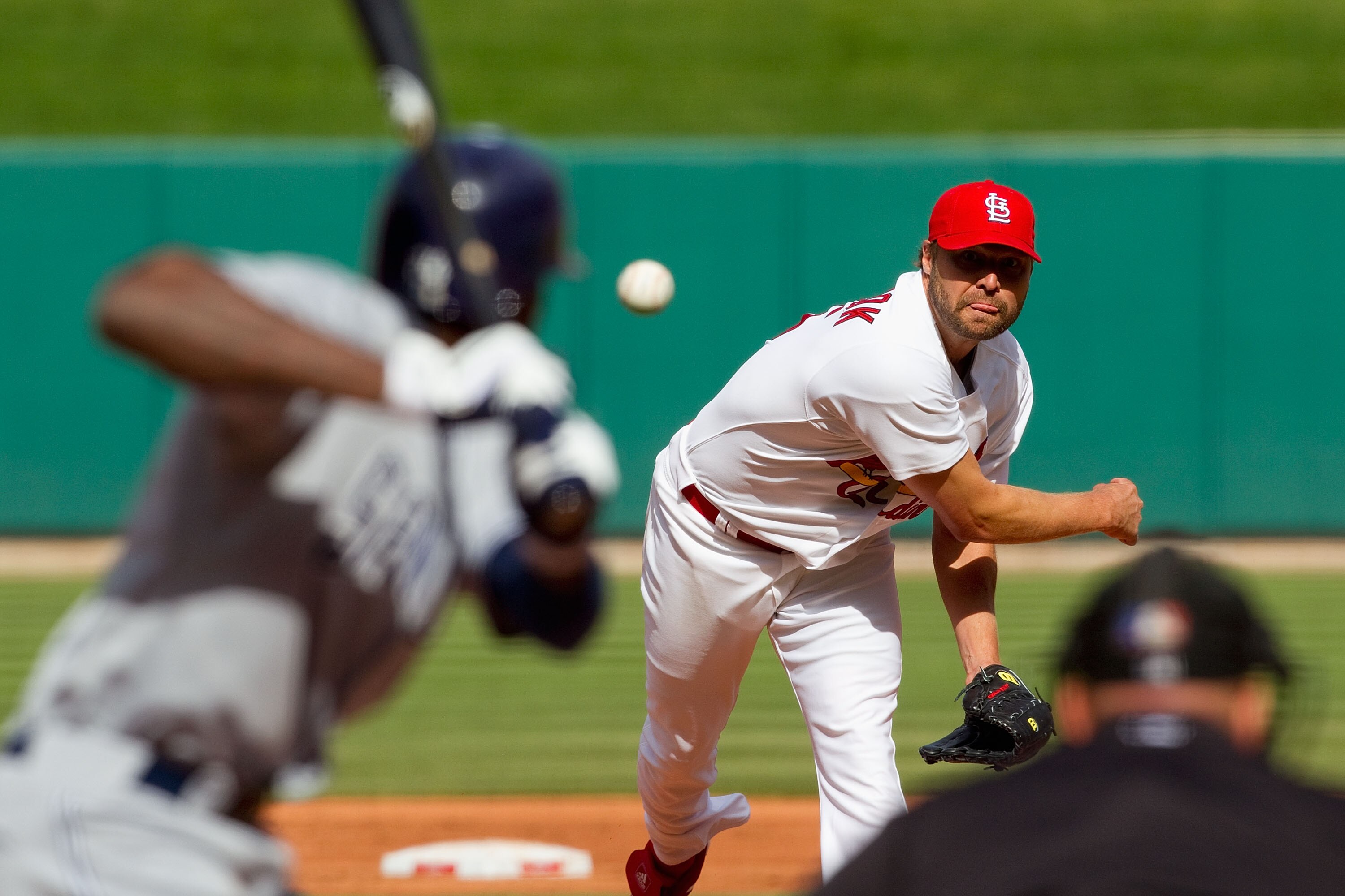 ST. LOUIS, MO - APRIL 2: Starter Jake Westbrook #35 of the St. Louis Cardinals pitches against the San Diego Padres at Busch Stadium on April 2, 2011 in St. Louis, Missouri.  (Photo by Dilip Vishwanat/Getty Images)