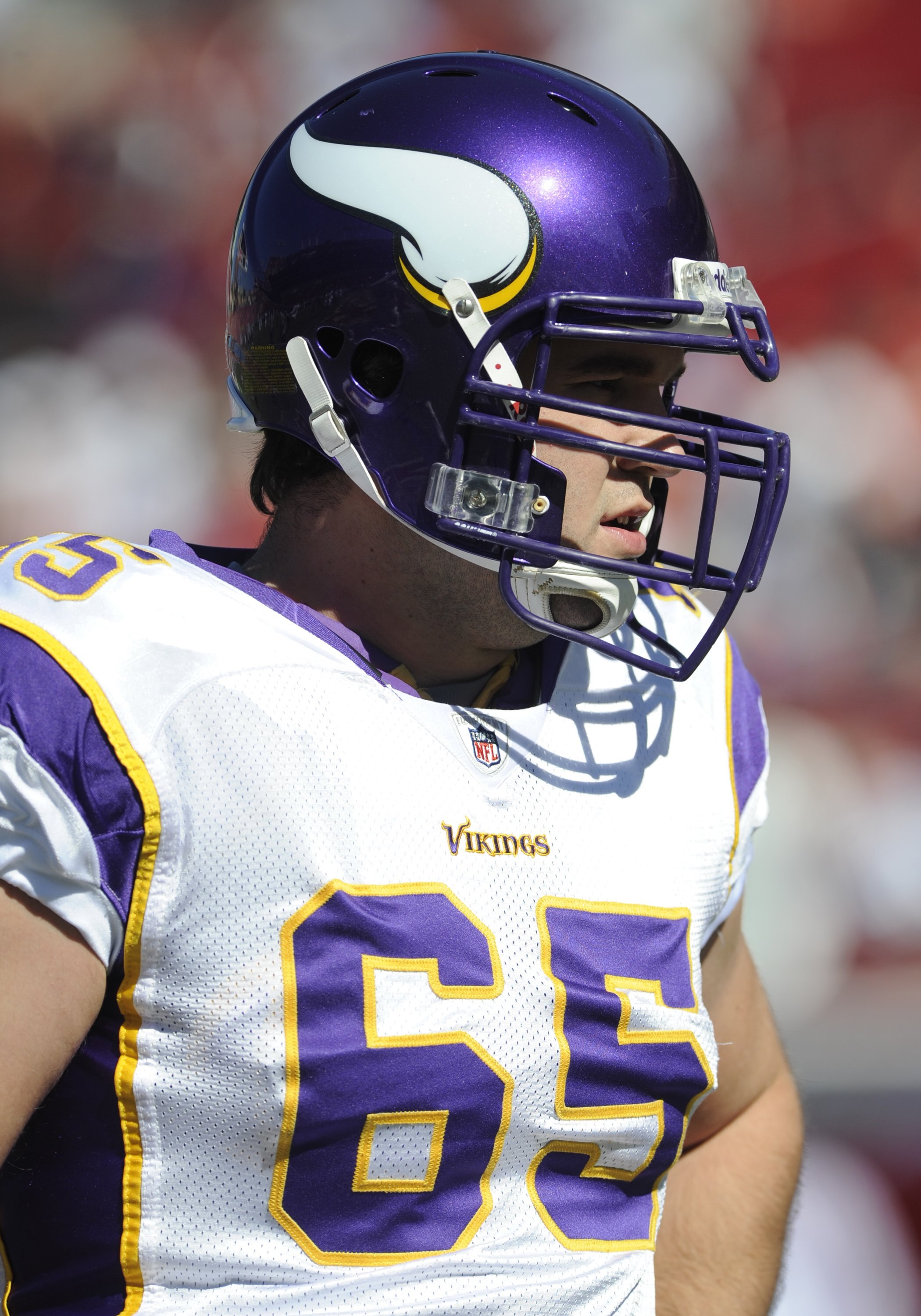TAMPA, FL - NOVEMBER 16: Center John Sullivan #65 of the Minnesota Vikings watches play against the Tampa Bay Buccaneers at Raymond James Stadium on November 16, 2008 in Tampa, Florida.  (Photo by Al Messerschmidt/Getty Images)