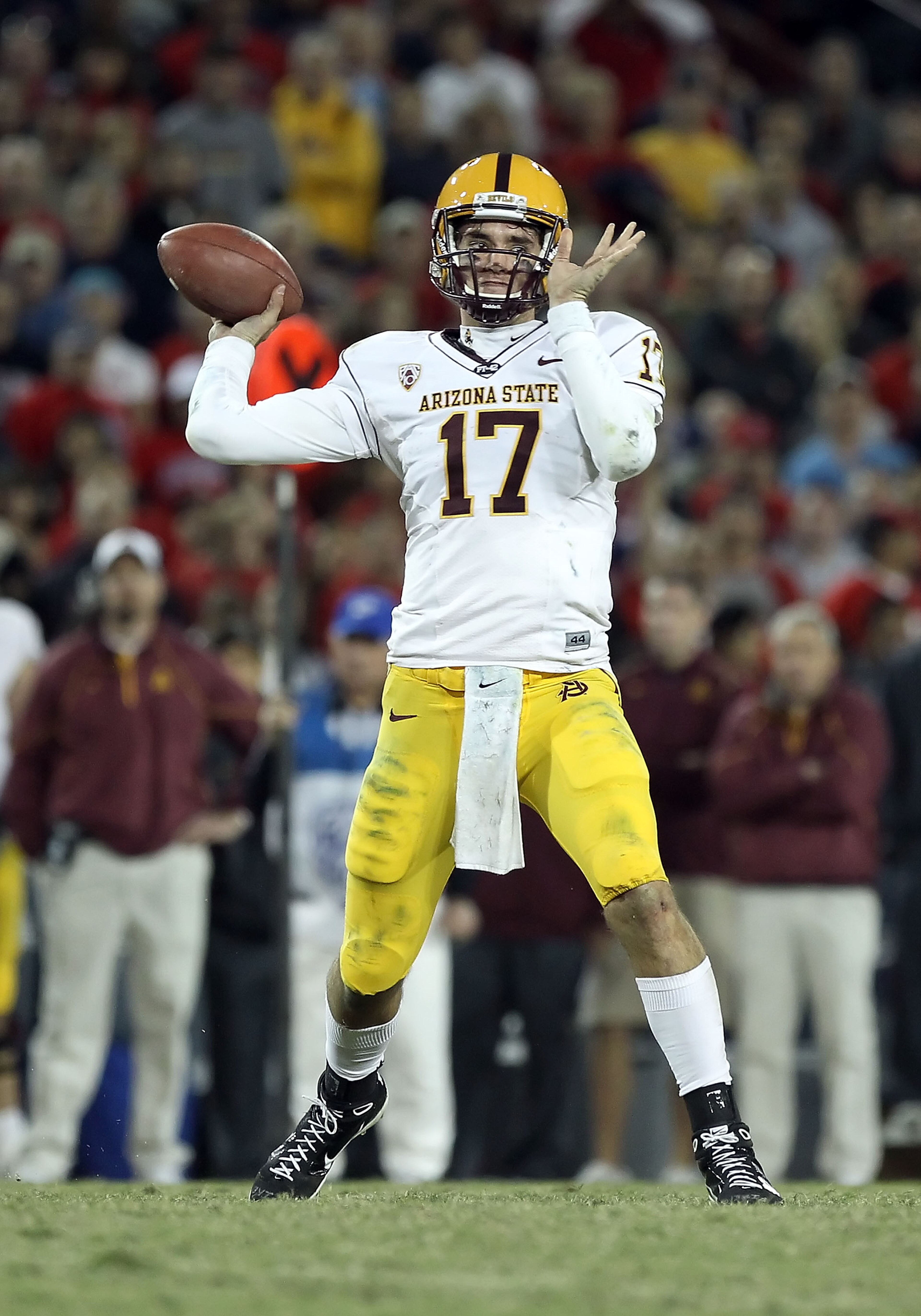TUCSON, AZ - DECEMBER 02: Quarterback Brock Osweiler #17 of the Arizona State Sun Devils throws a pass during the college football game at Arizona Stadium on December 2, 2010 in Tucson, Arizona. The Sun Devils defeated the Wildcats 30-29 in double overti TUCSON, AZ - DECEMBER 02: Quarterback Brock Osweiler #17 of the Arizona State Sun Devils throws a pass during the college football game at Arizona Stadium on December 2, 2010 in Tucson, Arizona. The Sun Devils defeated the Wildcats 30-29 in double overti