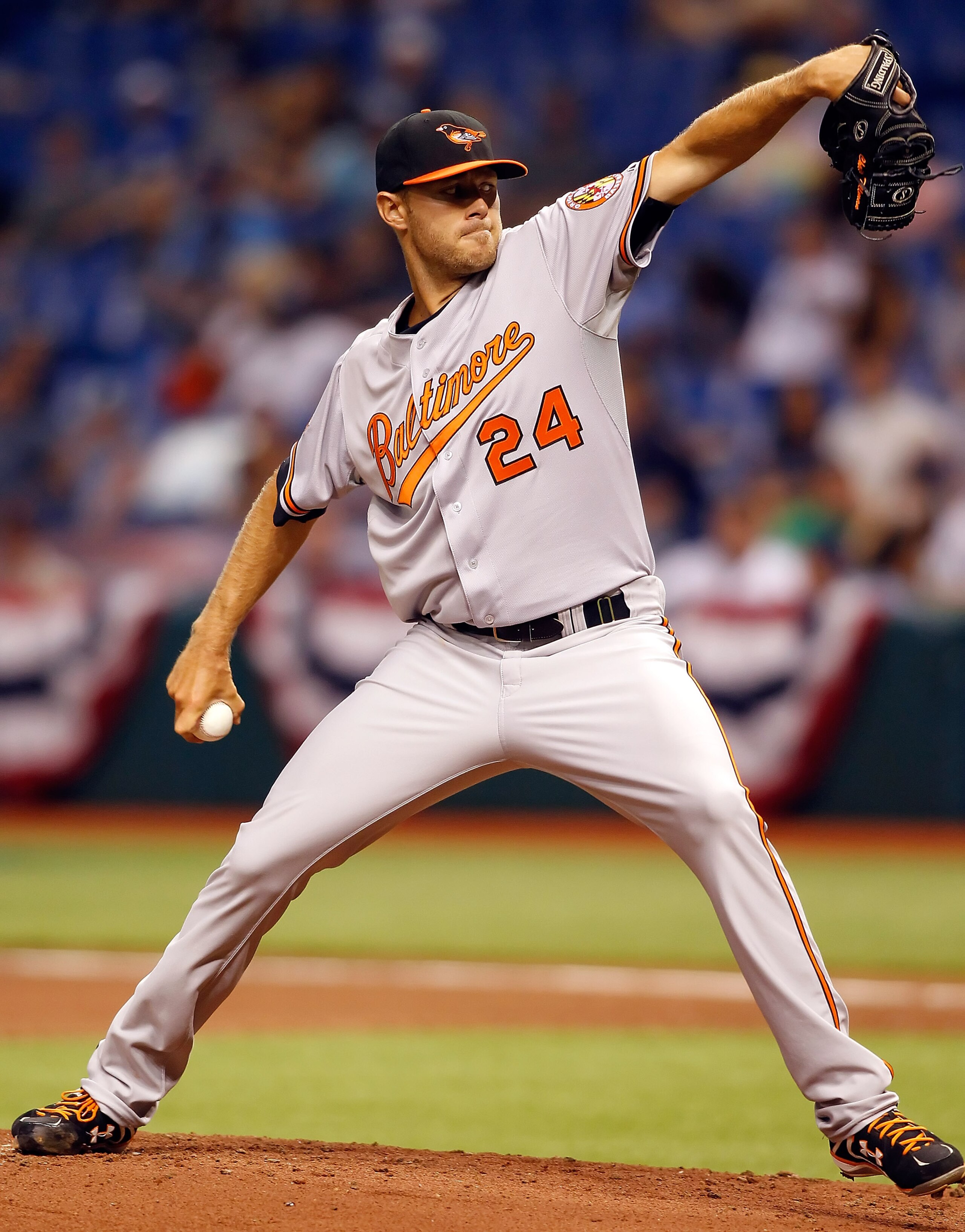ST. PETERSBURG, FL - APRIL 02:  Pitcher Chris Tillman #24 of the Baltimore Orioles pitches against the Tampa Bay Rays during the game at Tropicana Field on April 2, 2011 in St. Petersburg, Florida.  (Photo by J. Meric/Getty Images)
