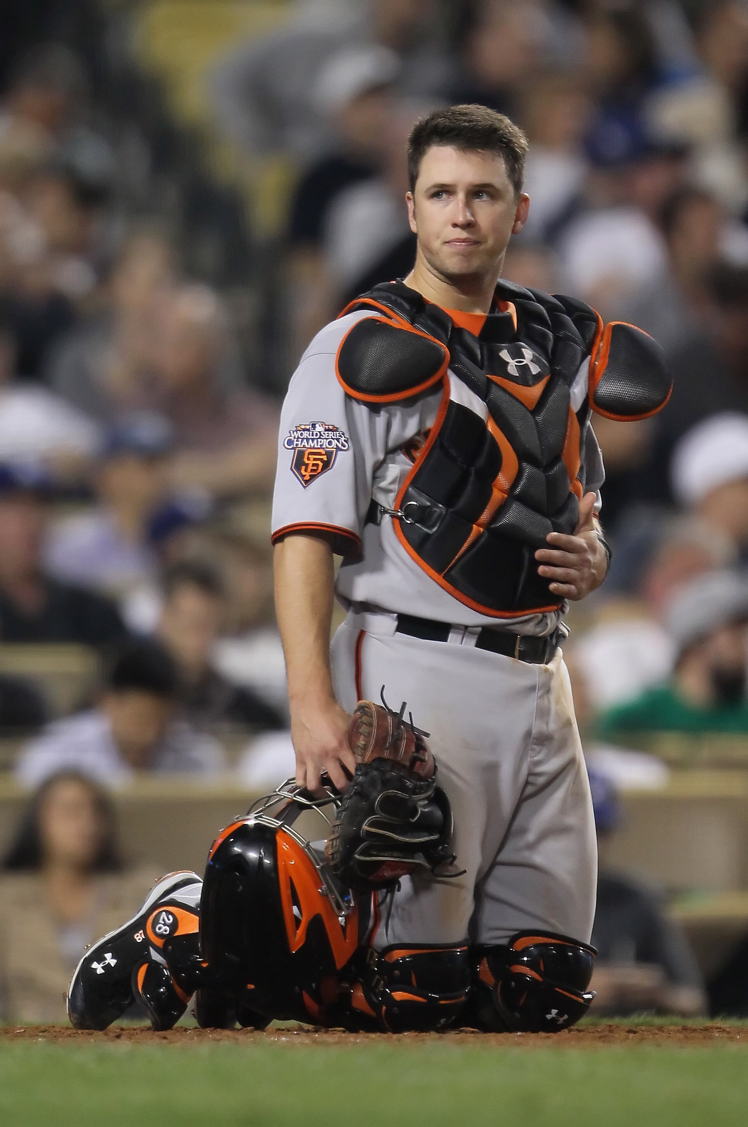 LOS ANGELES, CA - APRIL 01: Catcher Buster Posey #28 of the San Francisco Giants looks on against the Los Angeles Dodgers at Dodger Stadium on April 1, 2011 in Los Angeles, California. (Photo by Jeff Gross/Getty Images) LOS ANGELES, CA - APRIL 01: Catcher Buster Posey #28 of the San Francisco Giants looks on against the Los Angeles Dodgers at Dodger Stadium on April 1, 2011 in Los Angeles, California. (Photo by Jeff Gross/Getty Images)