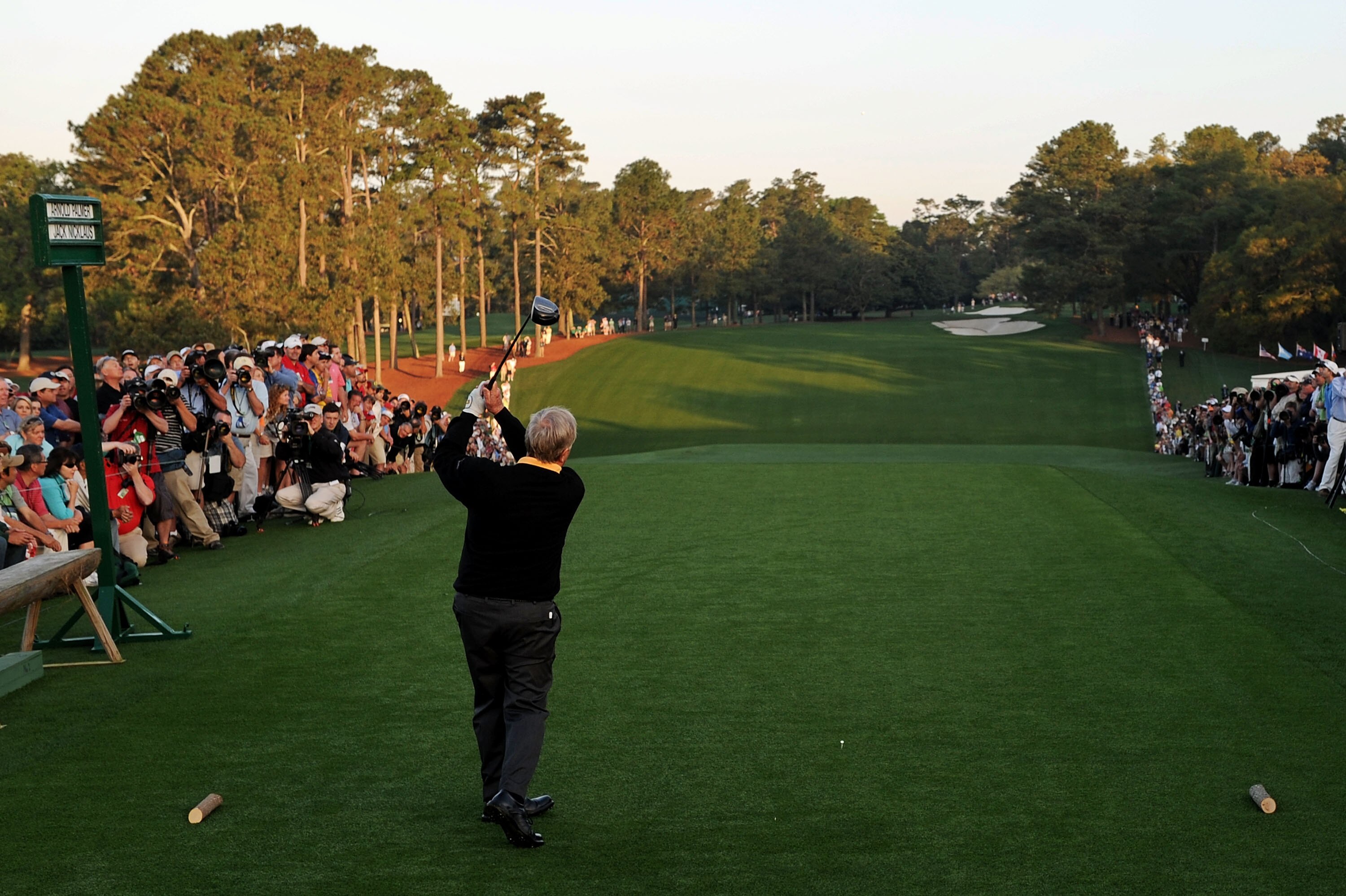 AUGUSTA, GA - APRIL 08:  Honorary starter Jack Nicklaus hits his tee shot on the first hole as Jack Nicklaus looks on during the first round of the 2010 Masters Tournament at Augusta National Golf Club on April 8, 2010 in Augusta, Georgia.  (Photo by Harr