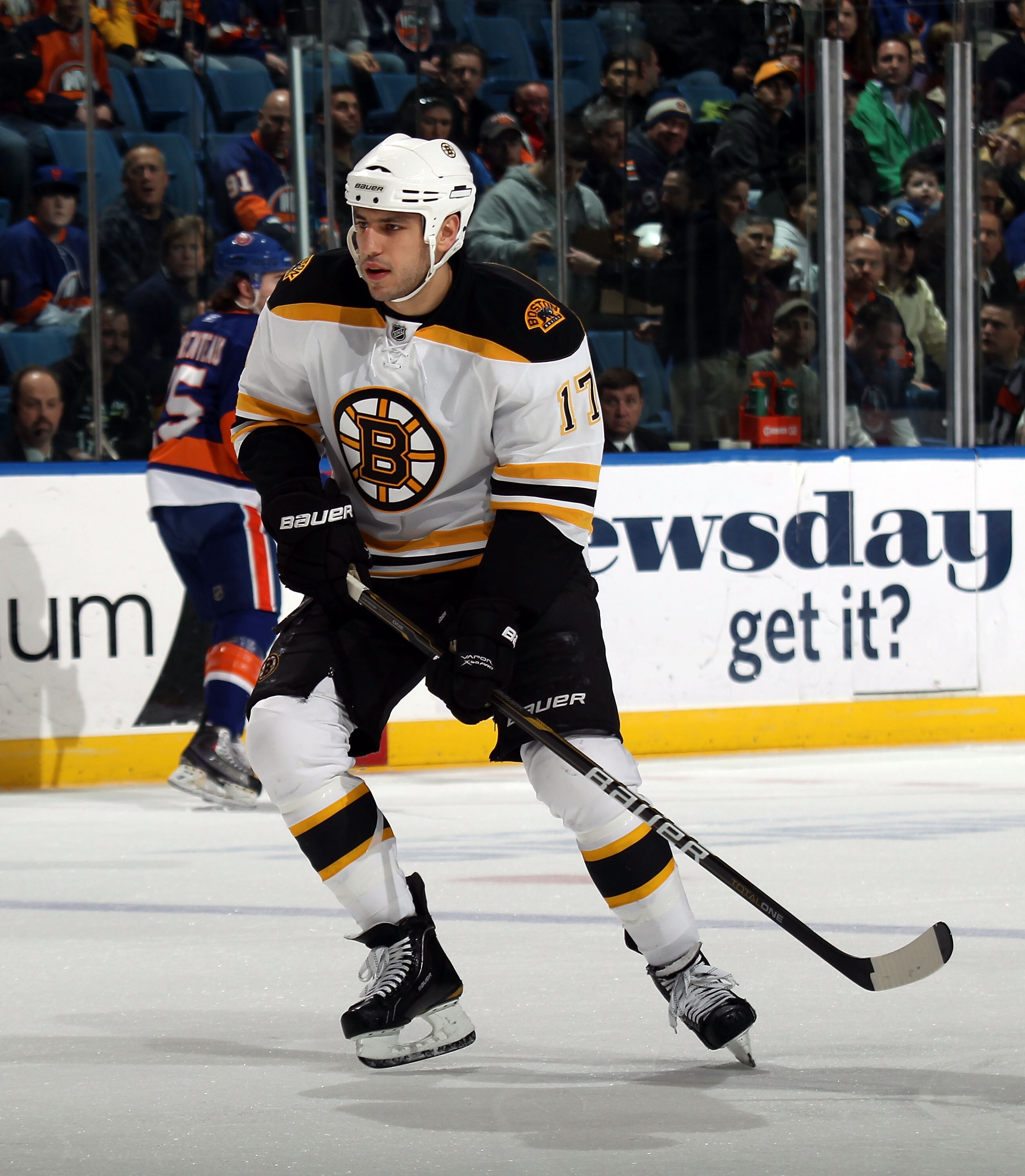 UNIONDALE, NY - MARCH 11:  Milan Lucic #17 of the Boston Bruins skates against the New York Islanders at the Nassau Coliseum on March 11, 2011 in Uniondale, New York.  (Photo by Bruce Bennett/Getty Images)