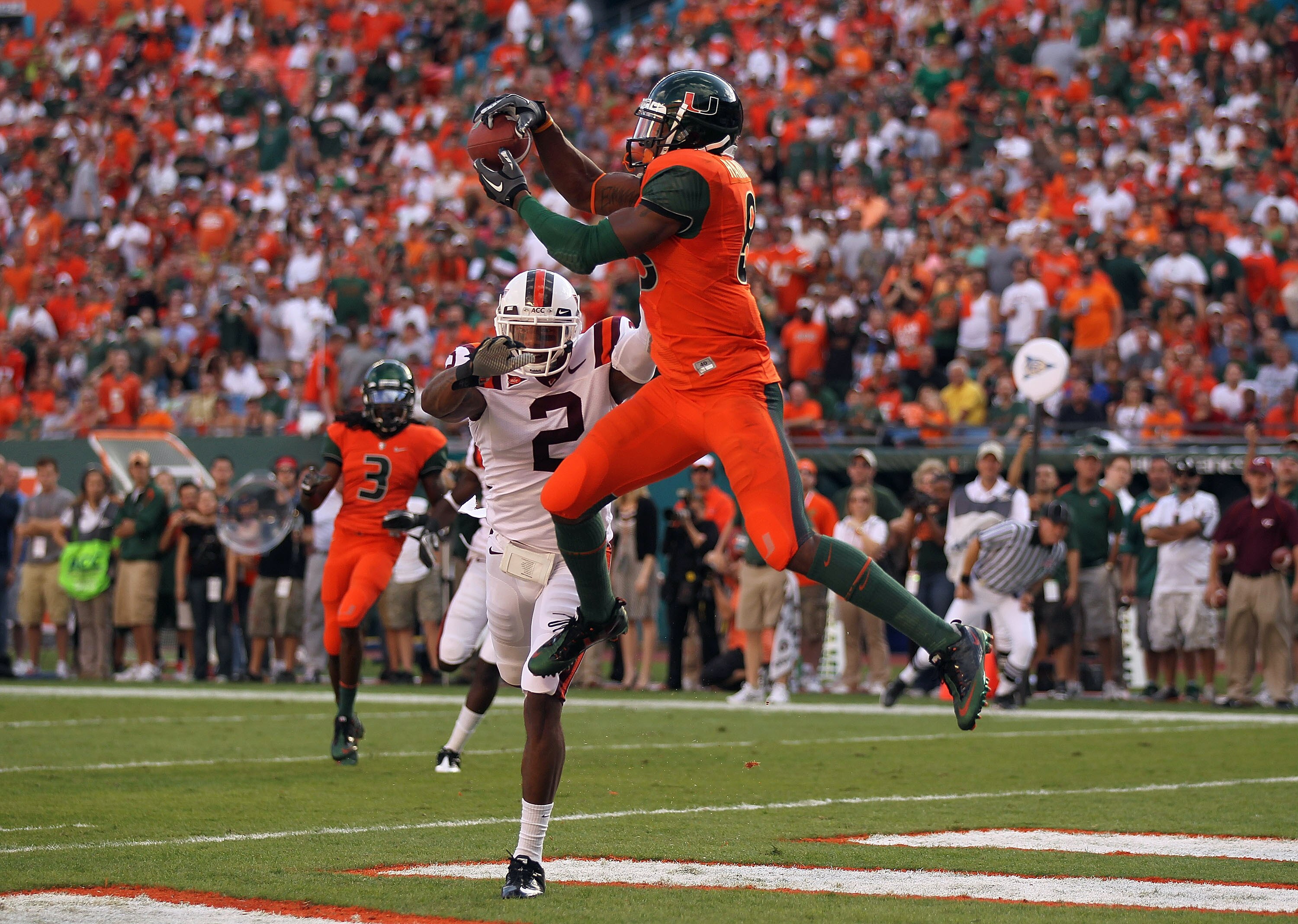 MIAMI - NOVEMBER 20: Leonard Hankerson #85 of the Miami Hurricanes catches a touchdown over Davon Morgan #2 of the Virginia Tech Hokies at Sun Life Stadium on November 20, 2010 in Miami, Florida. (Photo by Mike Ehrmann/Getty Images) MIAMI - NOVEMBER 20: Leonard Hankerson #85 of the Miami Hurricanes catches a touchdown over Davon Morgan #2 of the Virginia Tech Hokies at Sun Life Stadium on November 20, 2010 in Miami, Florida. (Photo by Mike Ehrmann/Getty Images)