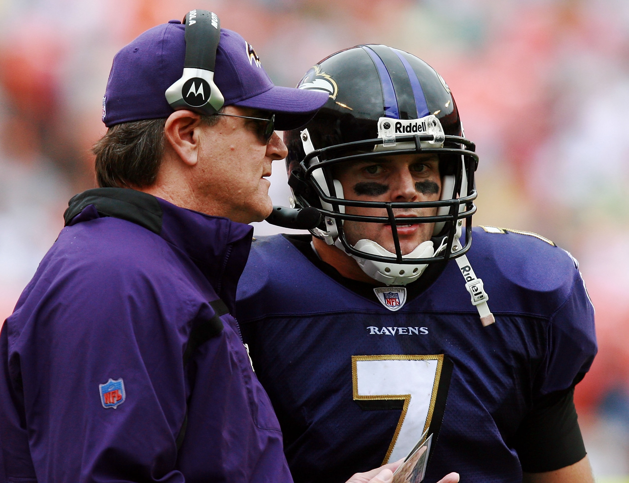 MIAMI - DECEMBER 16: Head coach Brian Billick of the Baltimore Ravens talks with quarterback Kyle Boller #7 while taking on the Miami Dolphins at Dolphin Stadium December 16, 2007 in Miami, Florida. The Dolphins defeated the Ravens 22-16 for their first MIAMI - DECEMBER 16: Head coach Brian Billick of the Baltimore Ravens talks with quarterback Kyle Boller #7 while taking on the Miami Dolphins at Dolphin Stadium December 16, 2007 in Miami, Florida. The Dolphins defeated the Ravens 22-16 for their first
