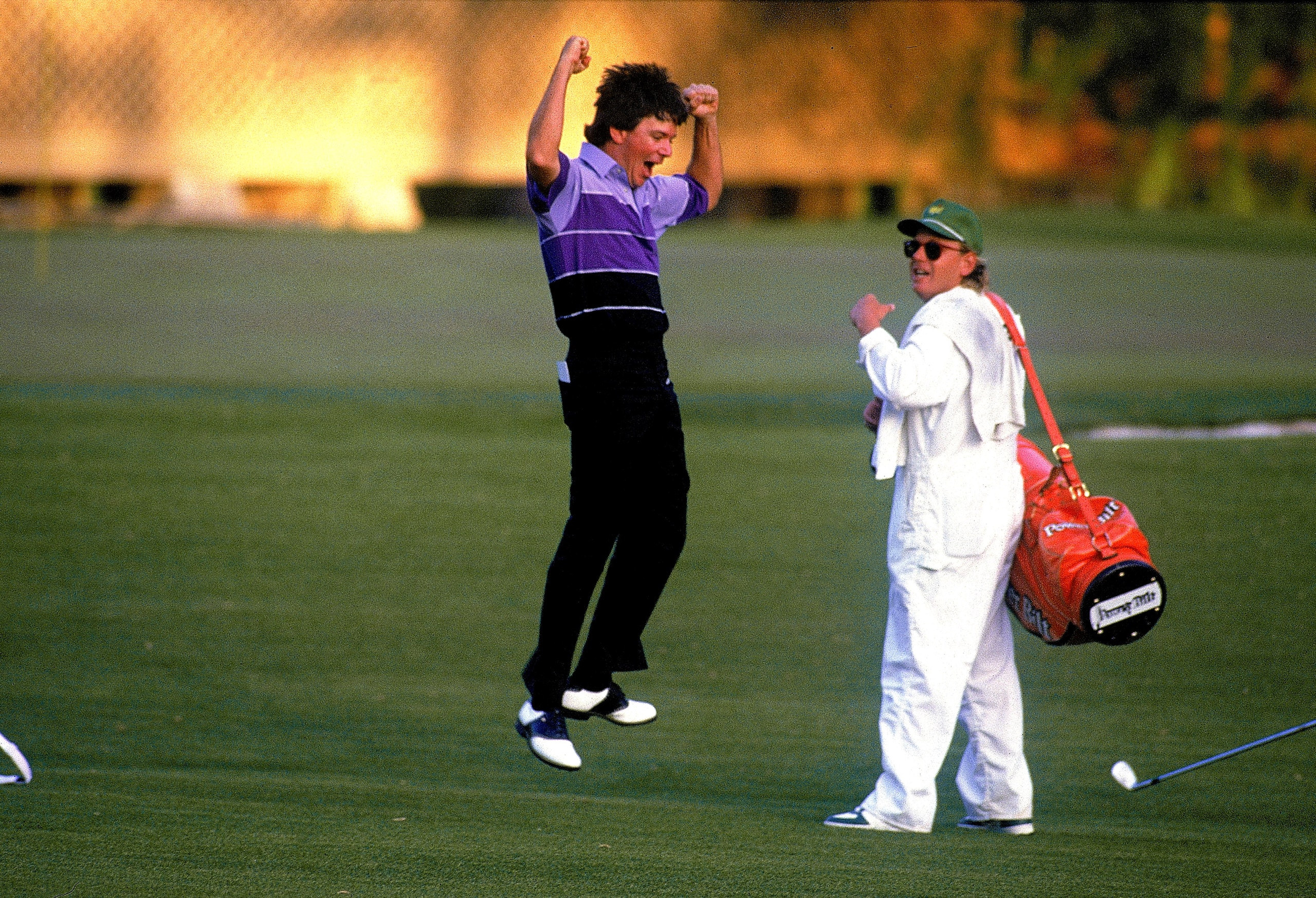 12 Apr 1987:  Larry Mize of the USA celebrates chipping in on the second play-off hole number 11 to win the masters during the US Masters 1987 held at the Augusta National Golf Club, Georgia.  \ Mandatory Credit: David Cannon /Allsport