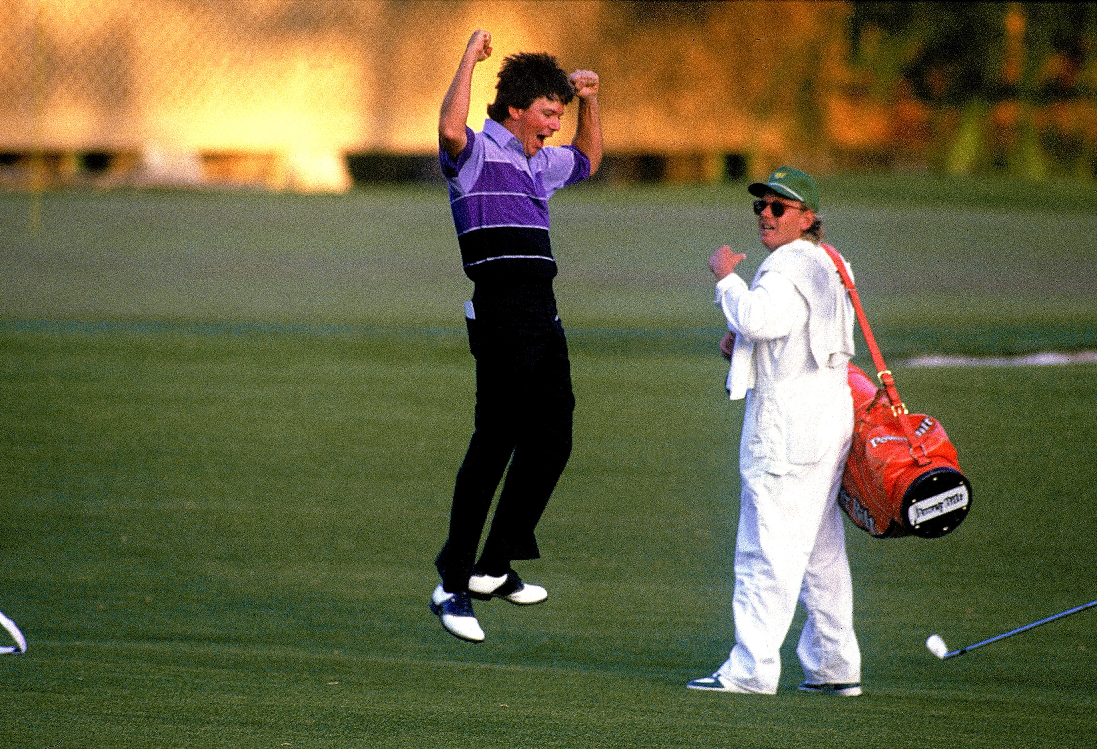 12 Apr 1987:  Larry Mize of the USA celebrates chipping in on the second play-off hole number 11 to win the masters during the US Masters 1987 held at the Augusta National Golf Club, Georgia.  \ Mandatory Credit: David Cannon /Allsport
