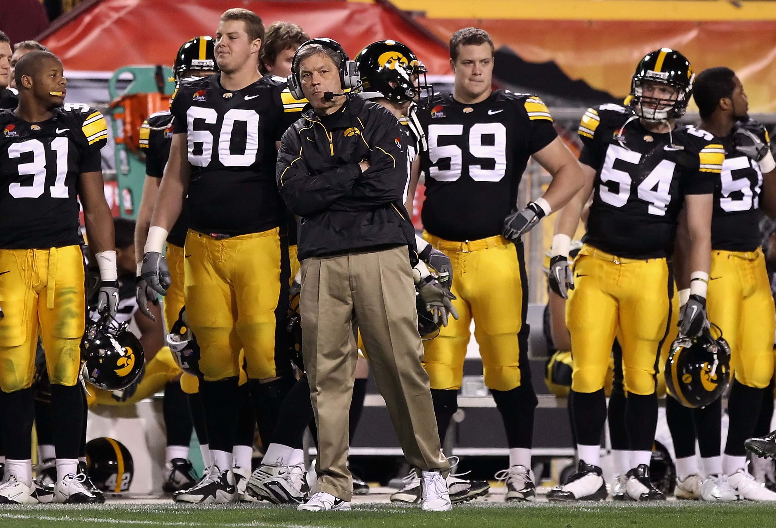 TEMPE, AZ - DECEMBER 28: Head coach Kirk Ferentz of the Iowa Hawkeyes during the Insight Bowl against the Missouri Tigers at Sun Devil Stadium on December 28, 2010 in Tempe, Arizona. The Hawkeyes defeated the Tigers 27-24. (Photo by Christian Petersen/ TEMPE, AZ - DECEMBER 28: Head coach Kirk Ferentz of the Iowa Hawkeyes during the Insight Bowl against the Missouri Tigers at Sun Devil Stadium on December 28, 2010 in Tempe, Arizona. The Hawkeyes defeated the Tigers 27-24. (Photo by Christian Petersen/