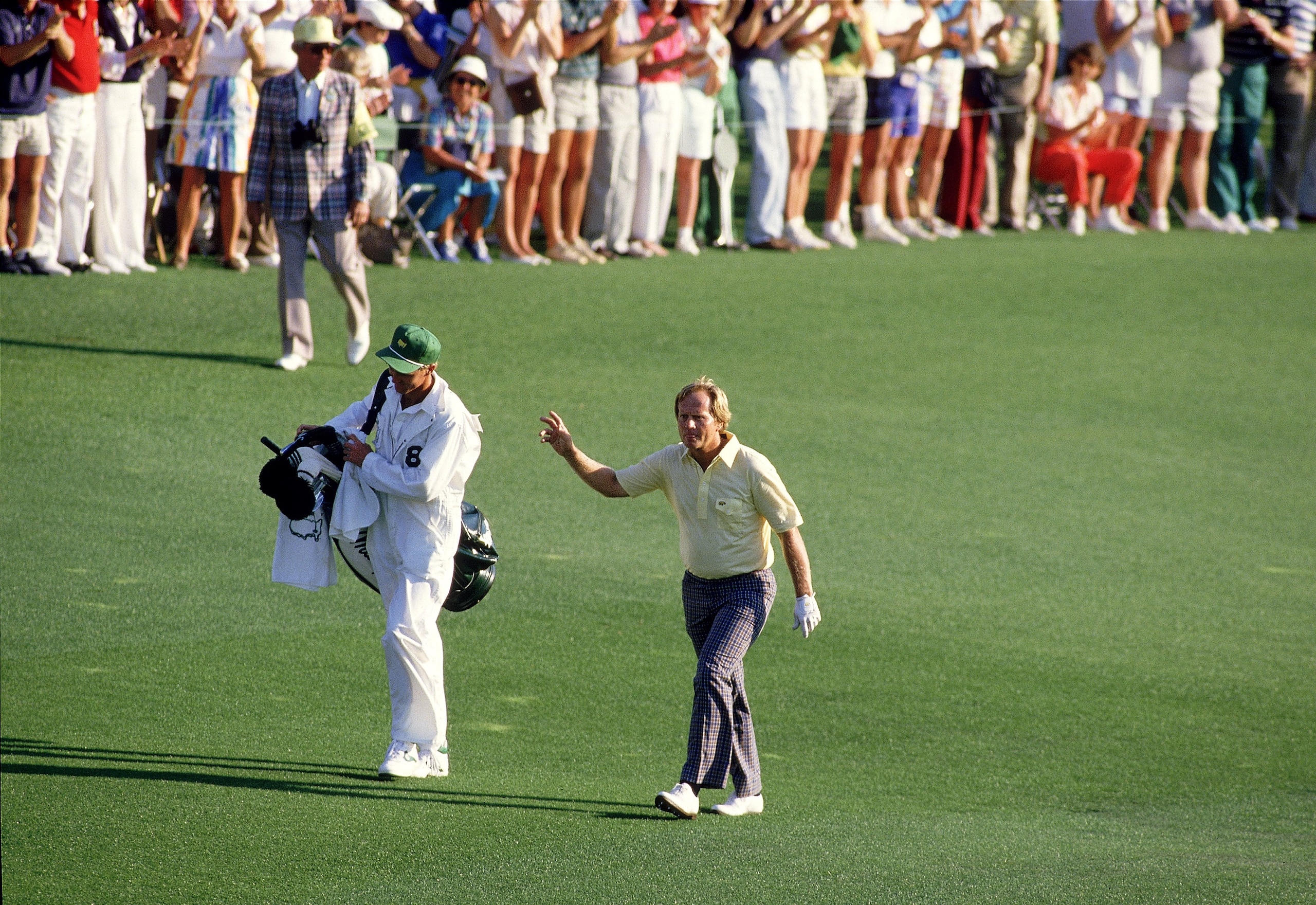 AUGUSTA, GA - APRIL 13, 1986:  Jack Nicklaus walks up the 18th fairway enroute to victory at the 1986 Masters tournament at Augusta National April 13, 1986 in Augusta, Georgia.  (Photo by David Cannon/Allsport)