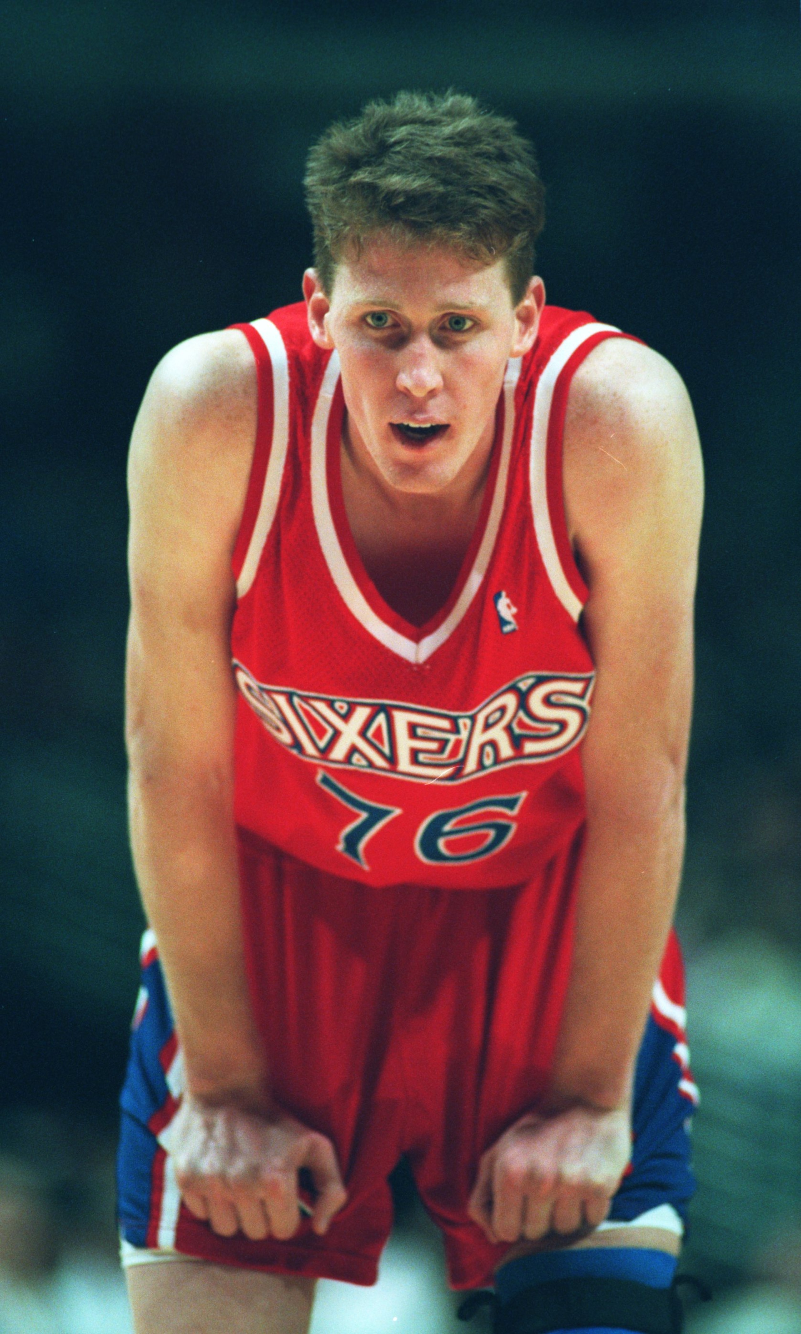 7 Nov 1994: SHAWN BRADLEY OF THE PHILADELPHIA 76ERS AT THE FREE THROW LINE DURING THE GAME AGAINST THE CHICAGO BULLS AT THE UNITED CENTER IN CHICAGO, ILLINOIS.