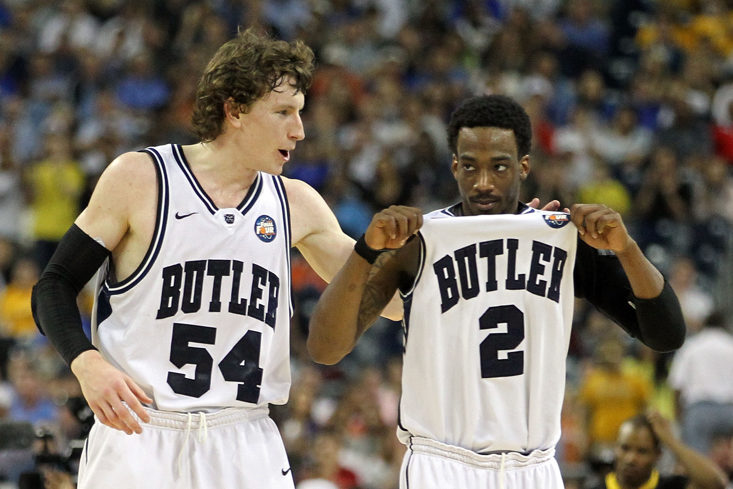 HOUSTON, TX - APRIL 02:  Matt Howard #54 and Shawn Vanzant #2 of the Butler Bulldogs celebrate after defeating the Virginia Commonwealth Rams during the National Semifinal game of the 2011 NCAA Division I Men's Basketball Championship at Reliant Stadium o