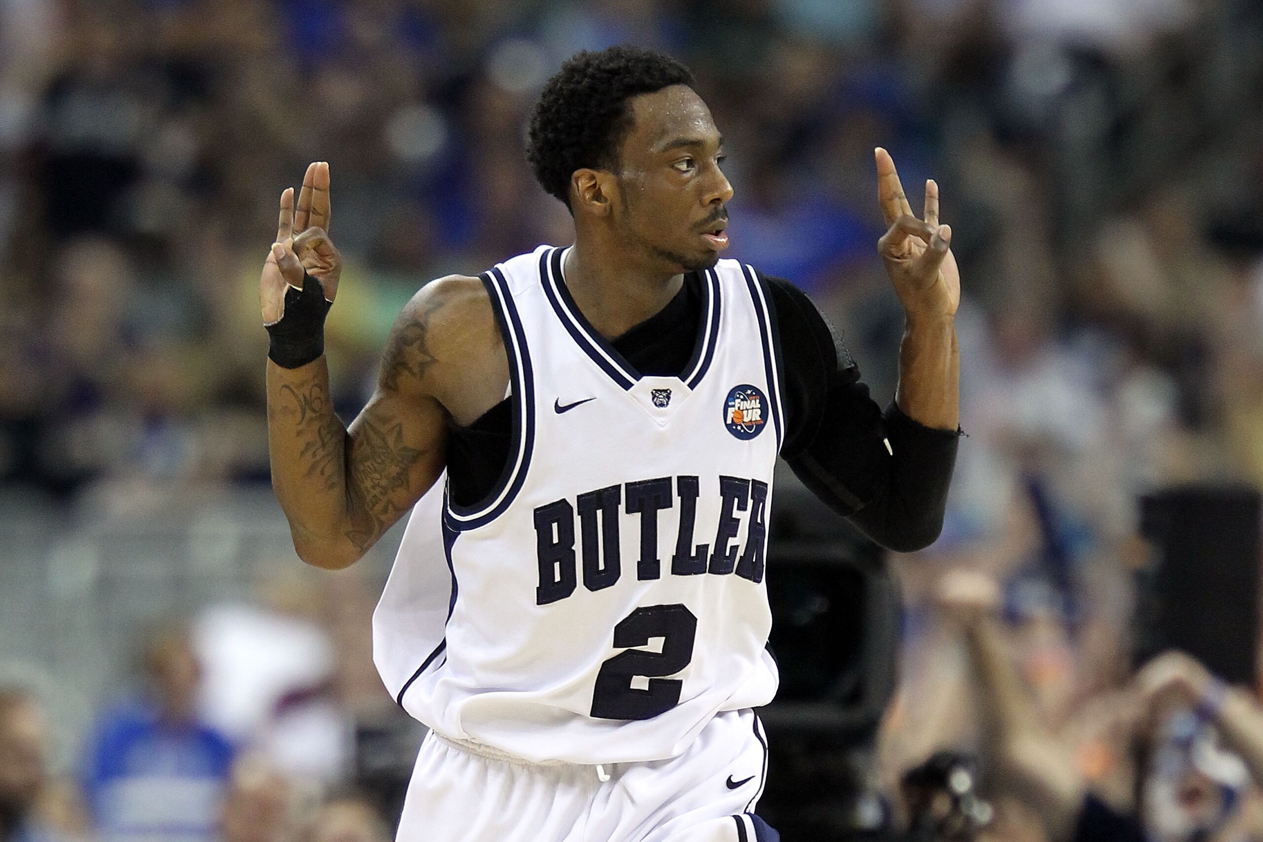 HOUSTON, TX - APRIL 02:  Shawn Vanzant #2 of the Butler Bulldogs reacts after a three pointer against the Virginia Commonwealth Rams during the National Semifinal game of the 2011 NCAA Division I Men's Basketball Championship at Reliant Stadium on April 2